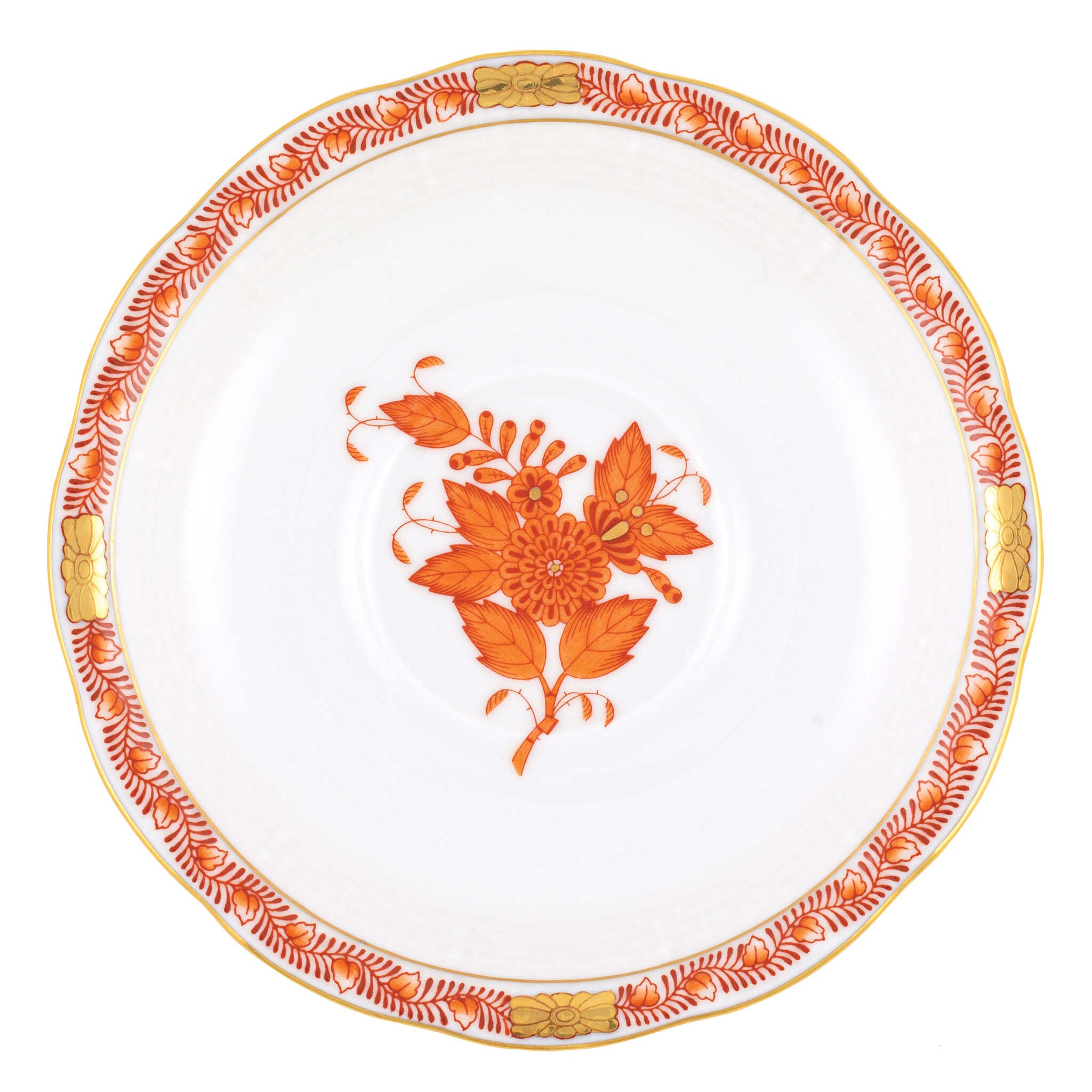 Hand-painted Herend Chinese Bouquet Rust Tea Saucer Cup & Saucer Set in fine porcelain, 6in D, on a white background