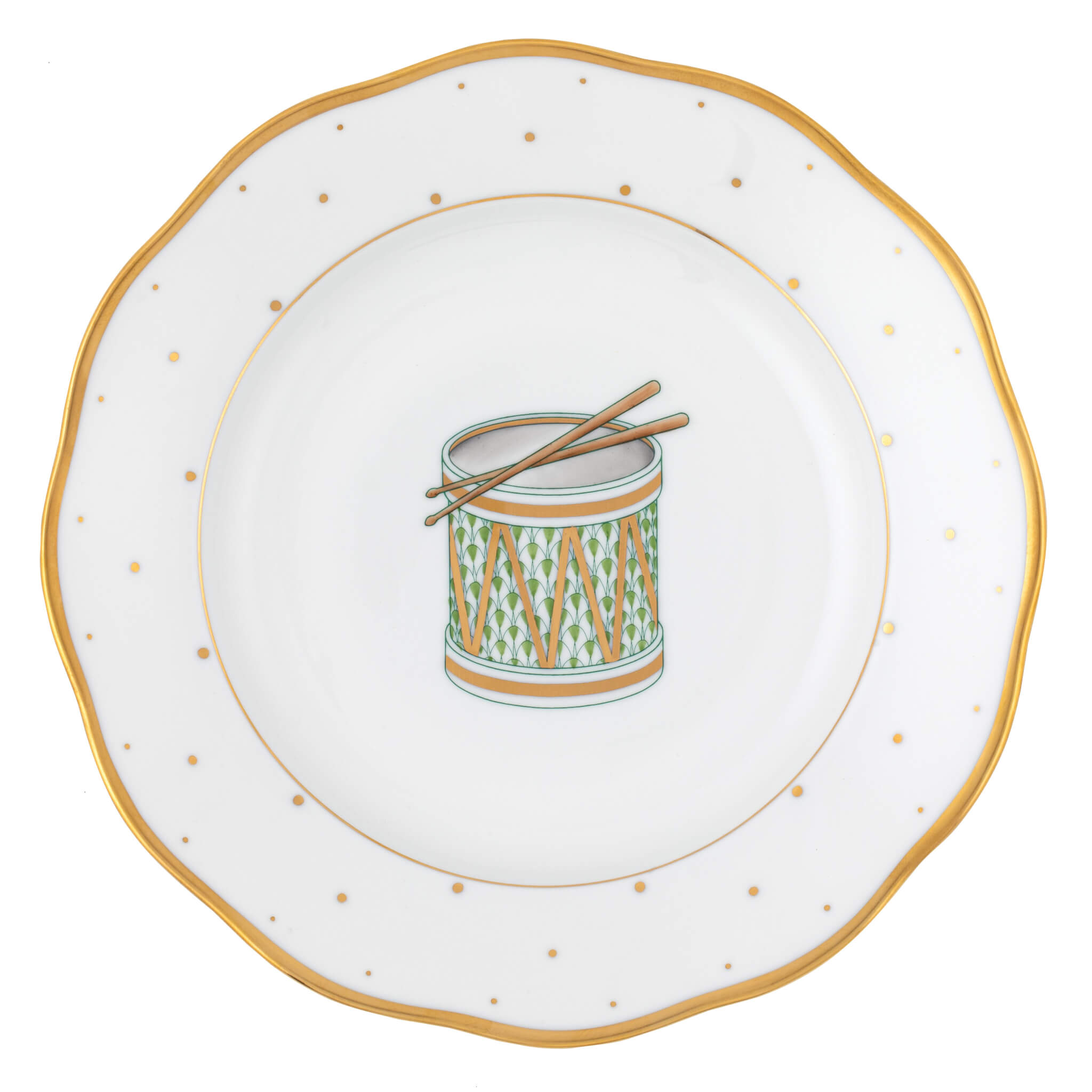 Herend Christmas Dessert Plate Drum in Forest Green - Hand-painted Hungarian porcelain by Herend. Paris Tableware.
