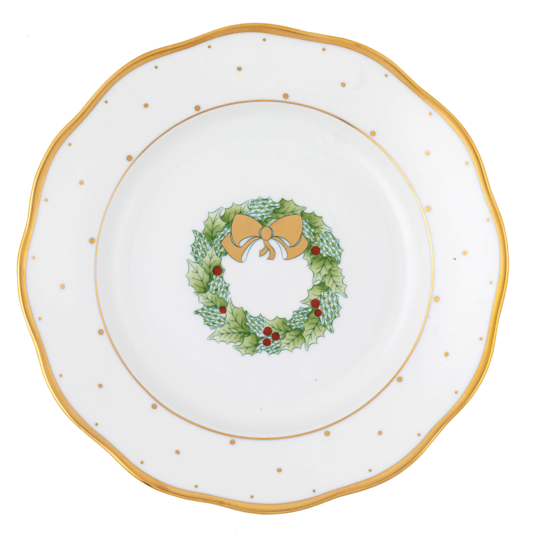 Herend Christmas Dessert Plate Wreath in Forest Green - Hand-painted Hungarian porcelain by Herend. Paris Tableware.