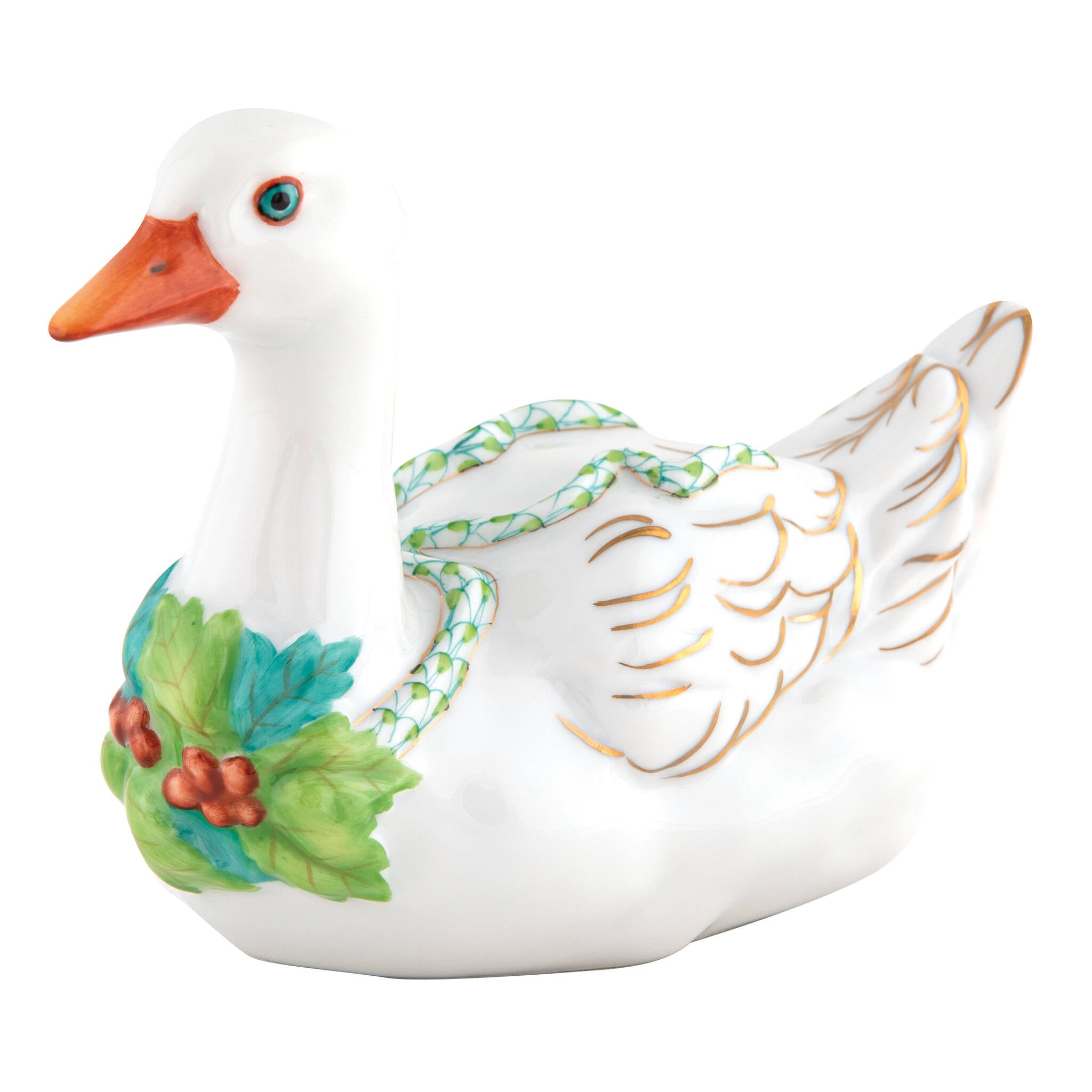 Herend Christmas Goose Figurine porcelain figurine painted in the Key Lime fishnet pattern