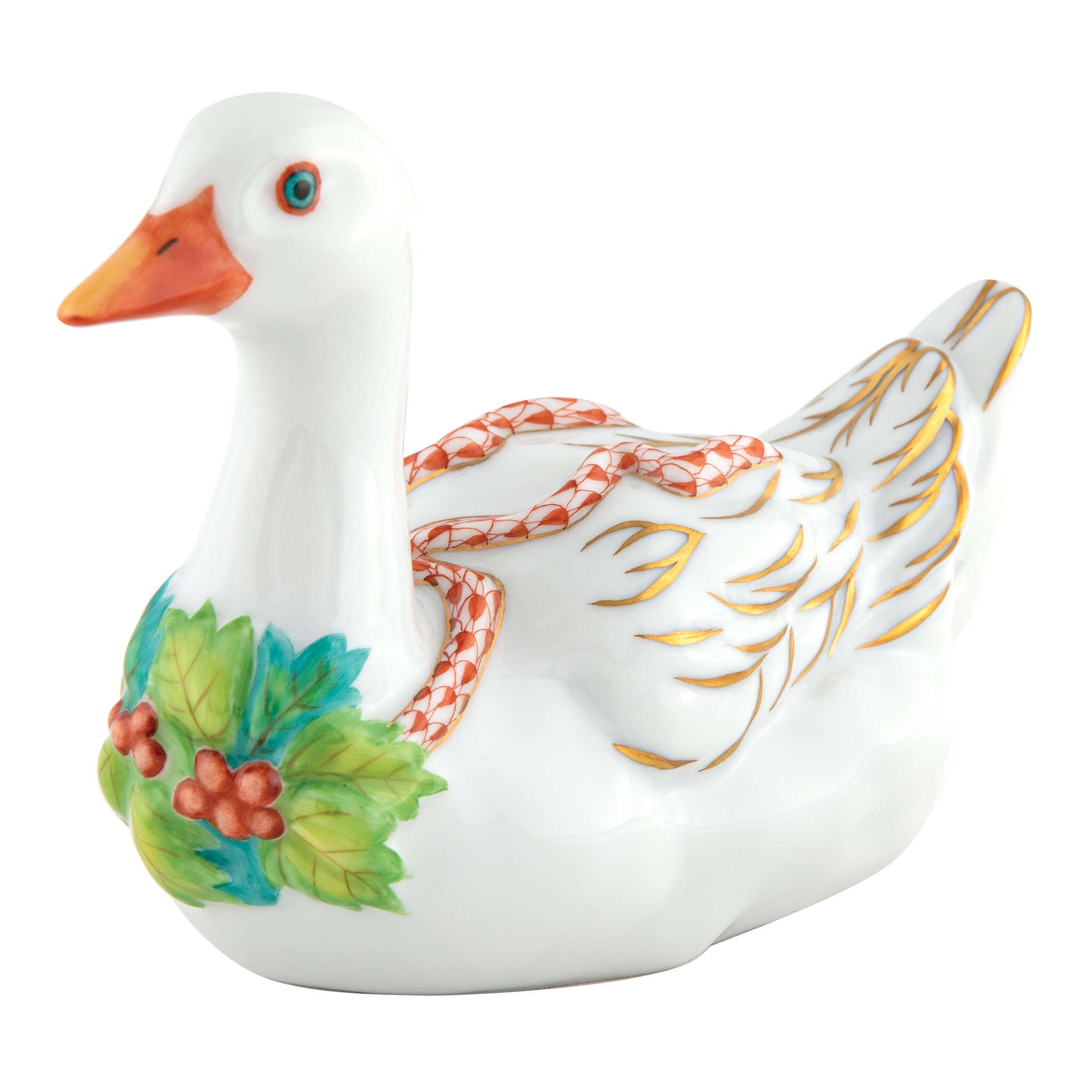 Herend Christmas Goose Figurine porcelain figurine painted in the Rust fishnet pattern