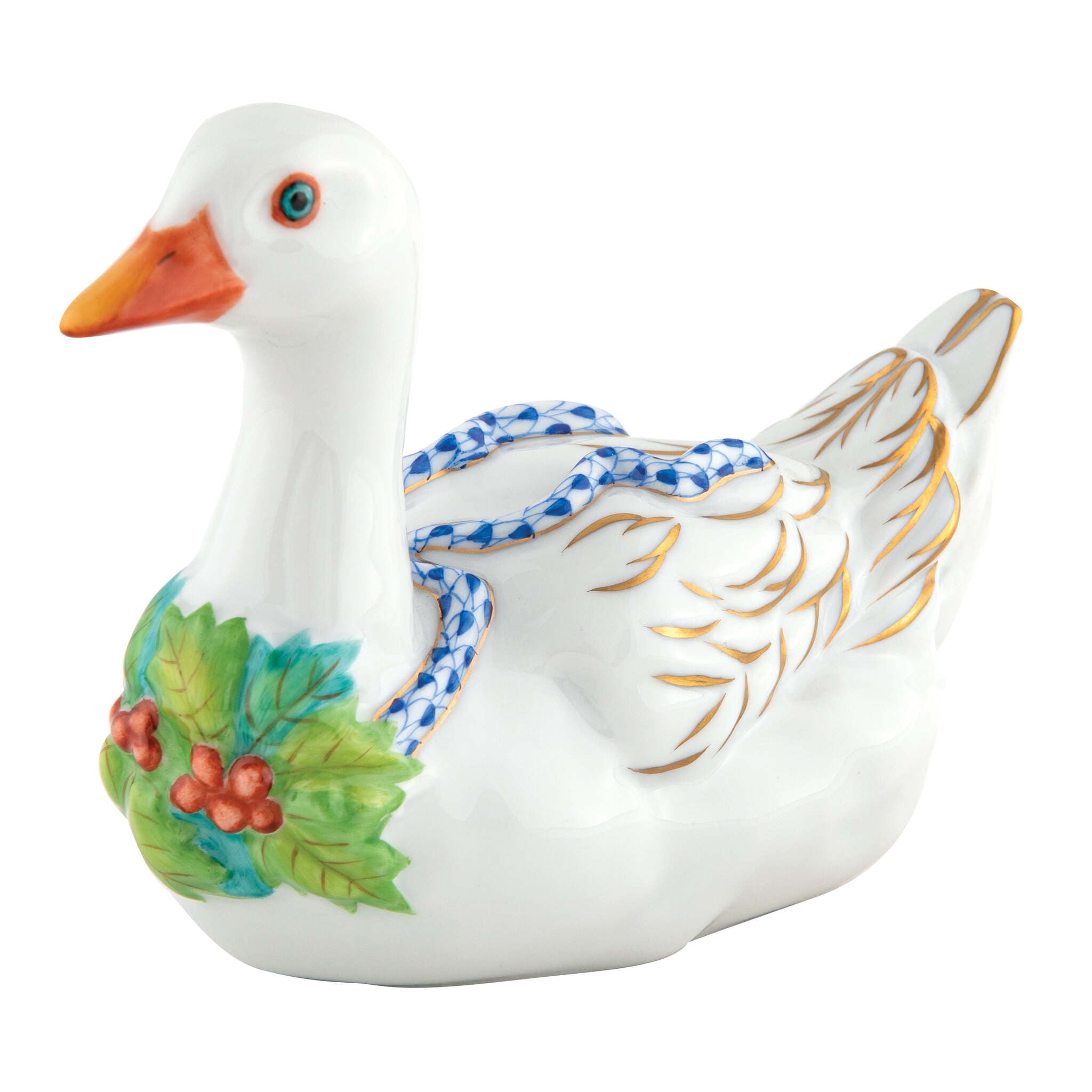 Christmas Goose Figurine in hand-painted Sapphire porcelain by Herend of Hungary