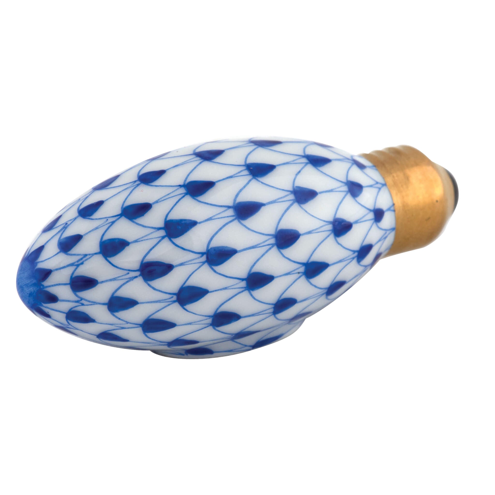 Herend Christmas Light figurine in Sapphire with deep sapphire blue fishnet pattern with gold accents on a white background