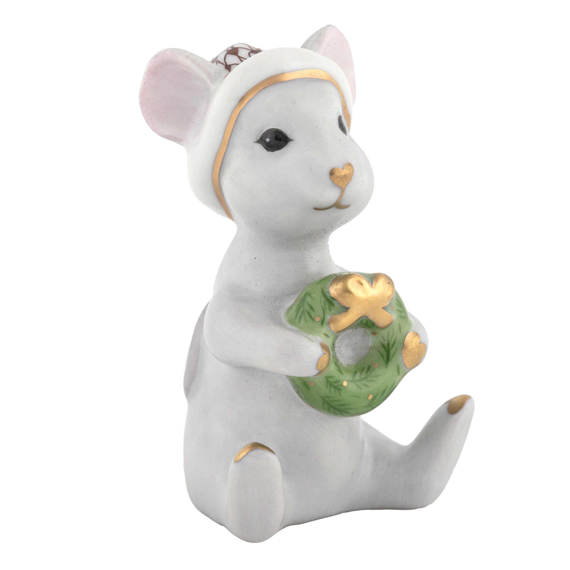 Hand-painted Herend Christmas Mouse Figurine in Chocolate fishnet porcelain on a white background