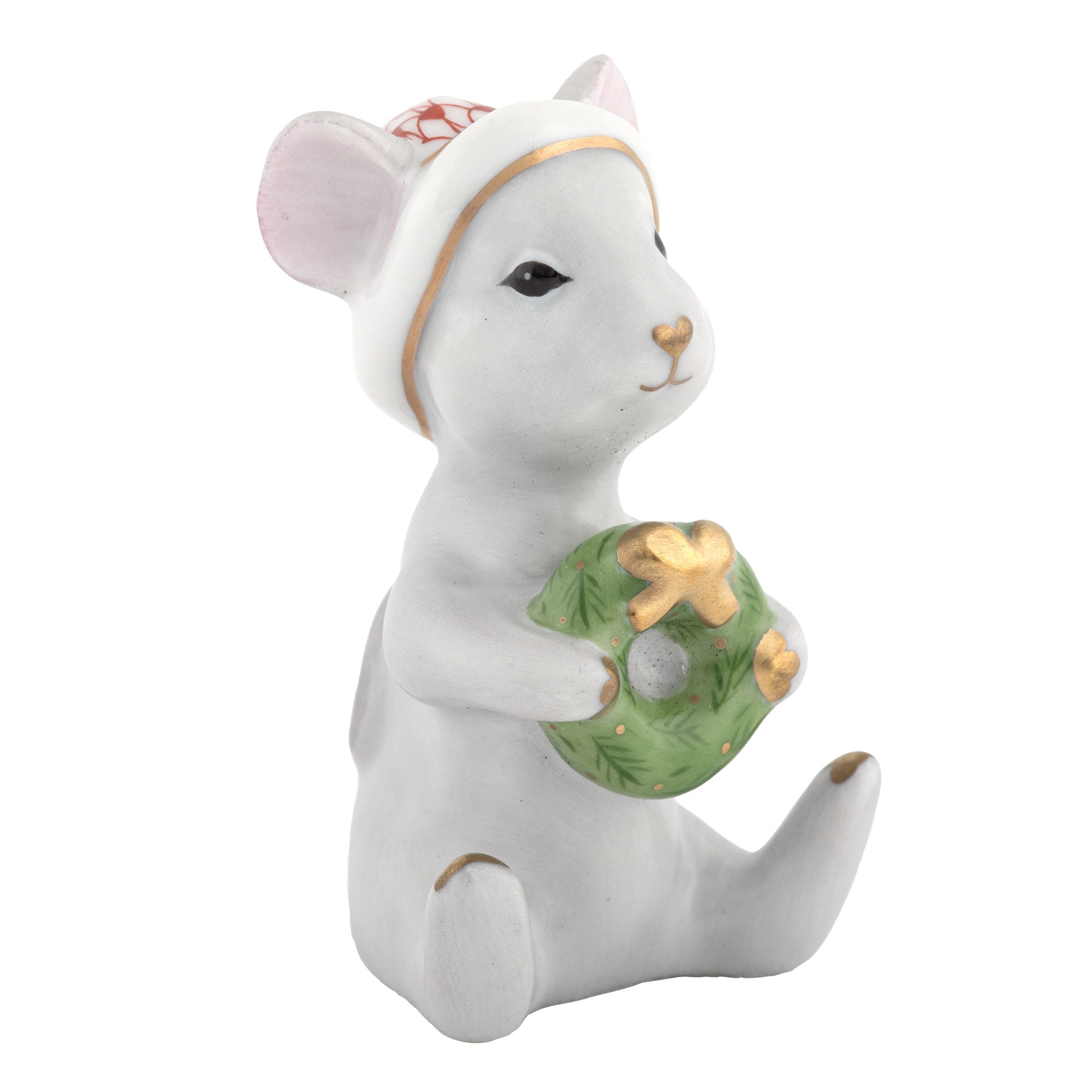 Hand-painted Herend Christmas Mouse Figurine in Rust fishnet porcelain on a white background