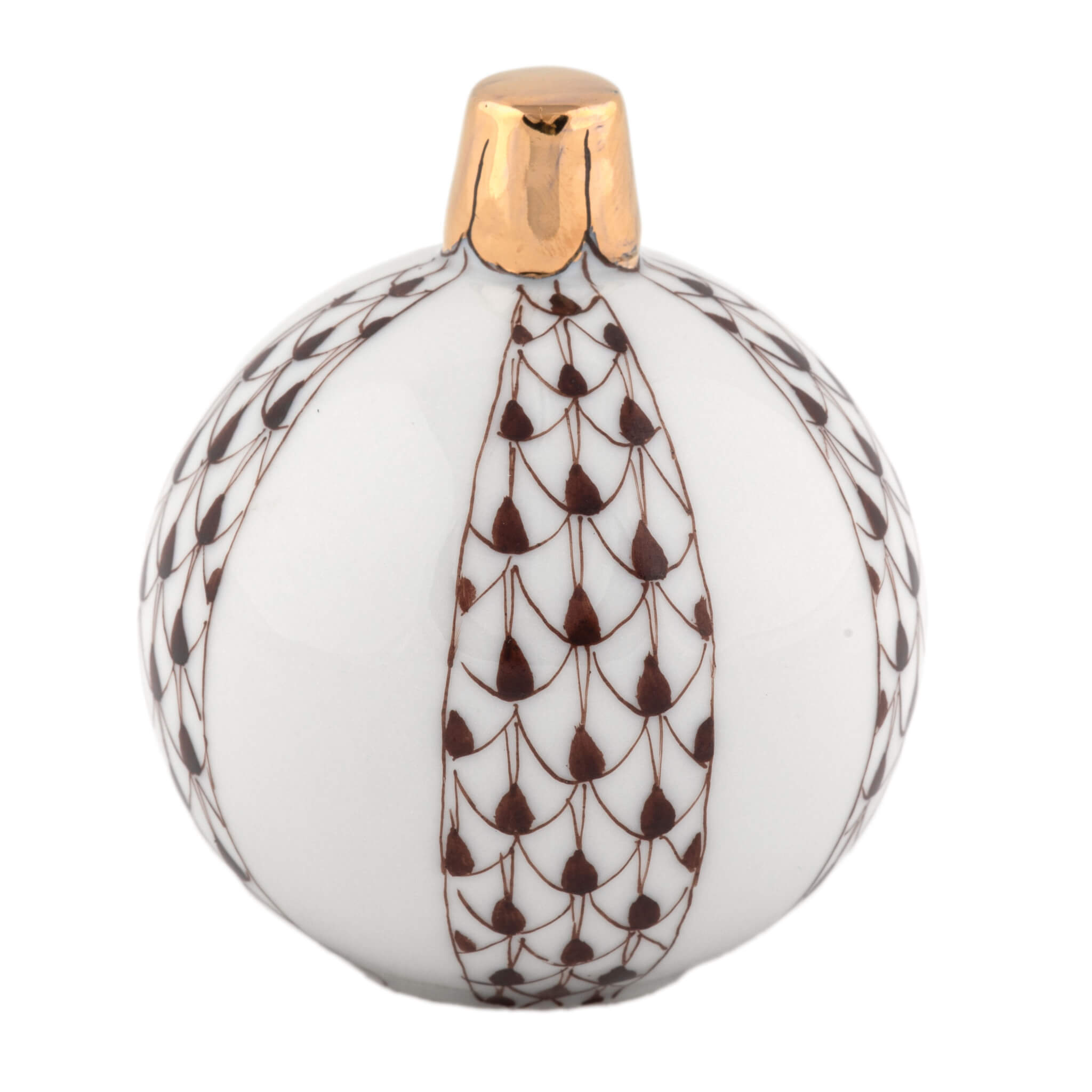 Herend Christmas Ornament figurine in Chocolate with chocolate brown fishnet pattern with gold accents on a white background