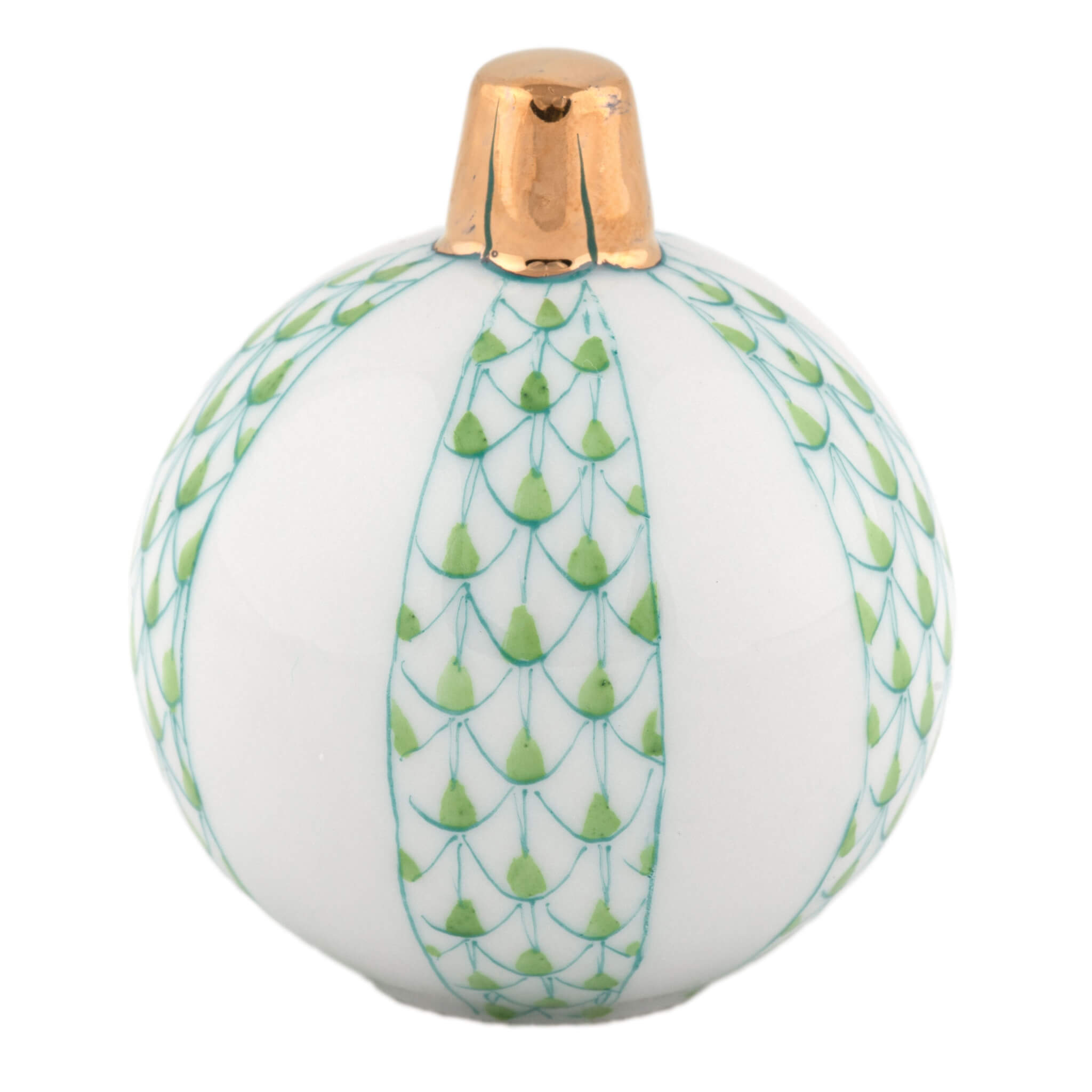 Herend Christmas Ornament figurine in Keylime with key lime green fishnet pattern with gold accents on a white background