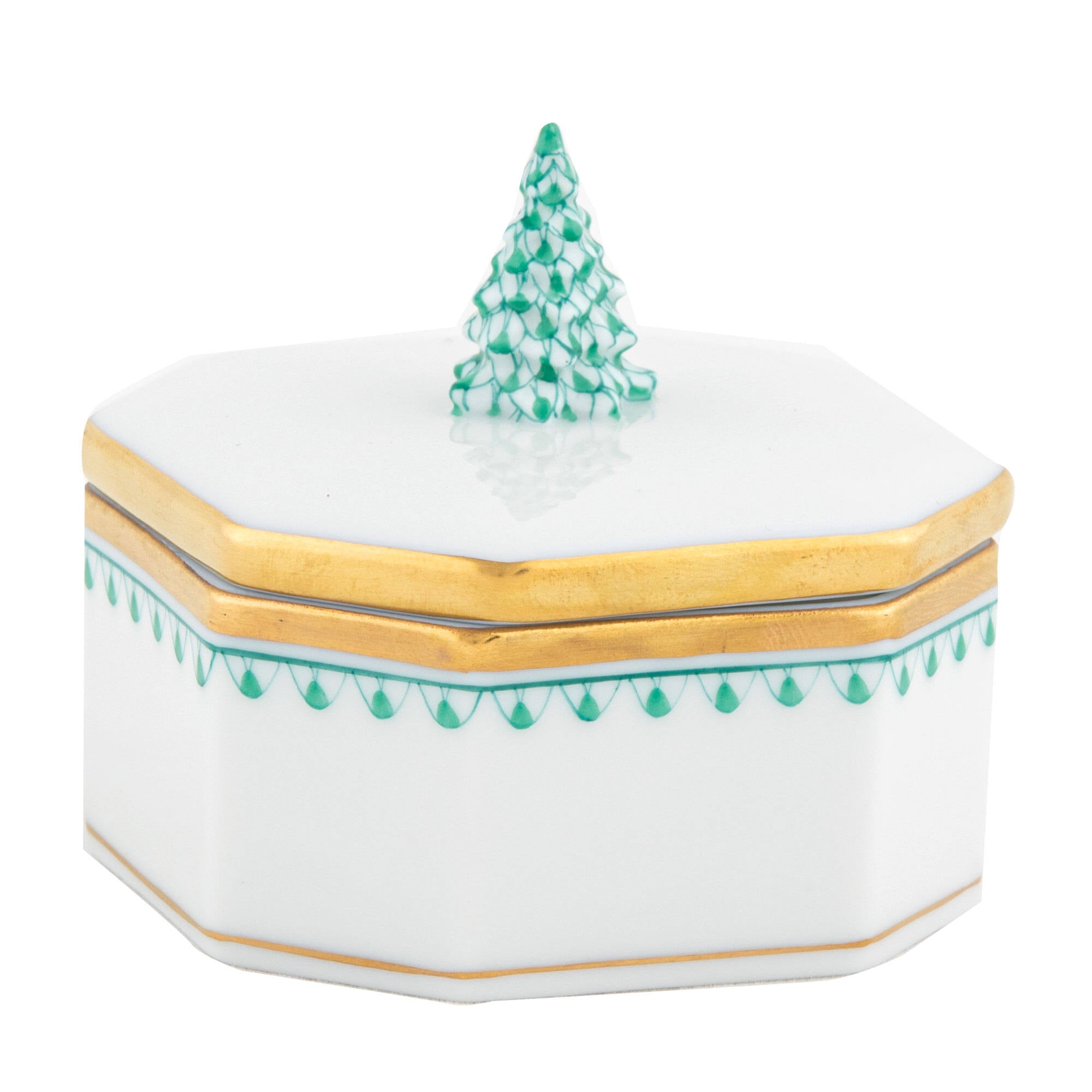 Green fishnet Christmas Tree Box figurine, hand-painted Herend porcelain with 24k gold accents