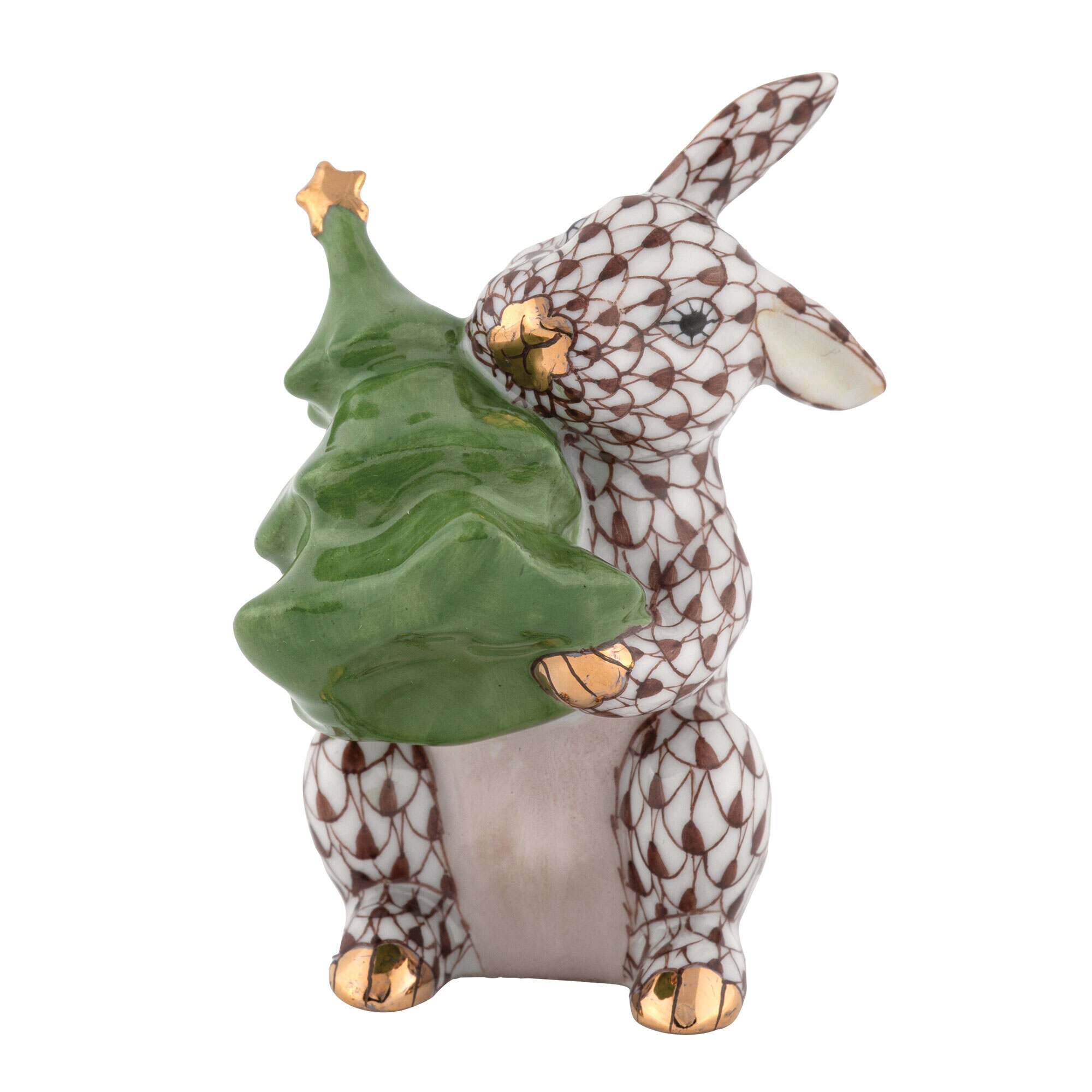 Herend Christmas Tree Bunny Figurine porcelain figurine painted in the Chocolate fishnet pattern