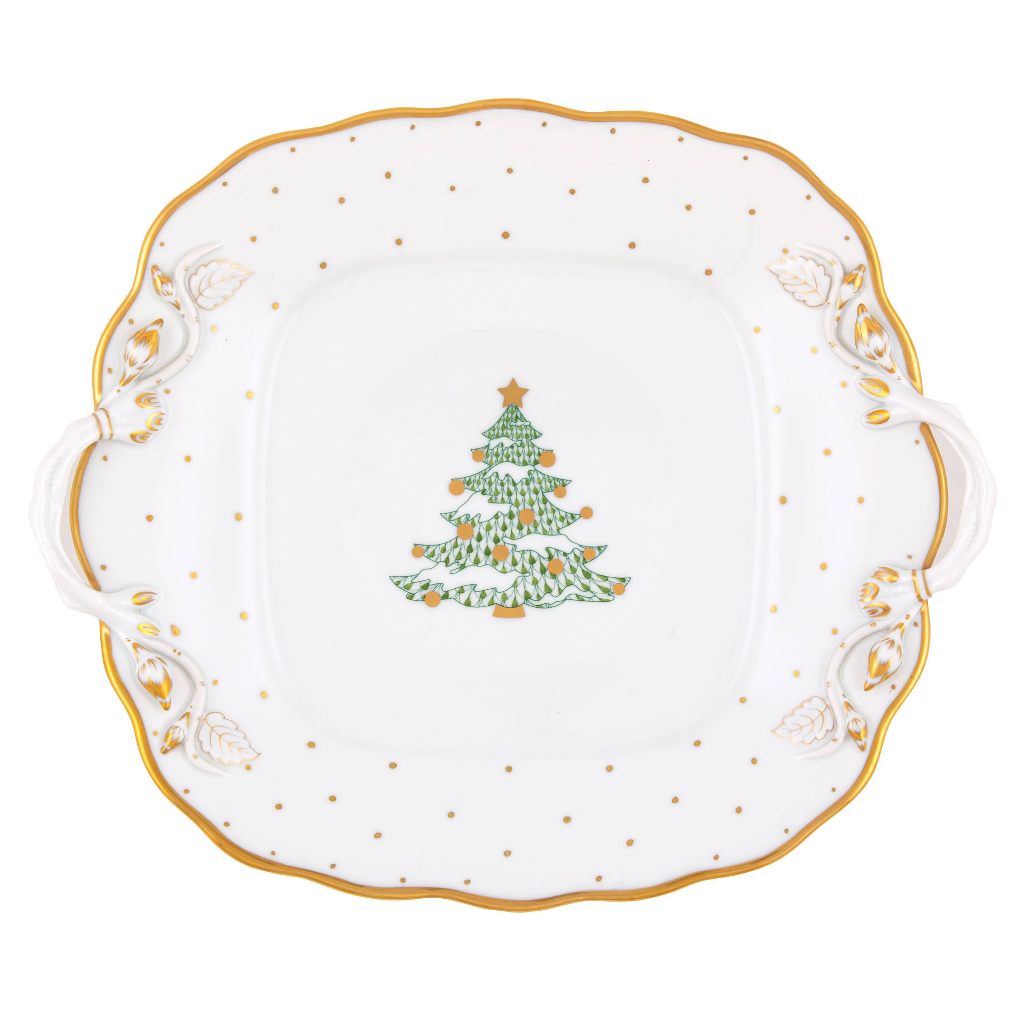 Hand-painted Herend Christmas Tree Sq Cake Plate in fine porcelain, 9.5in SQ, on a white background