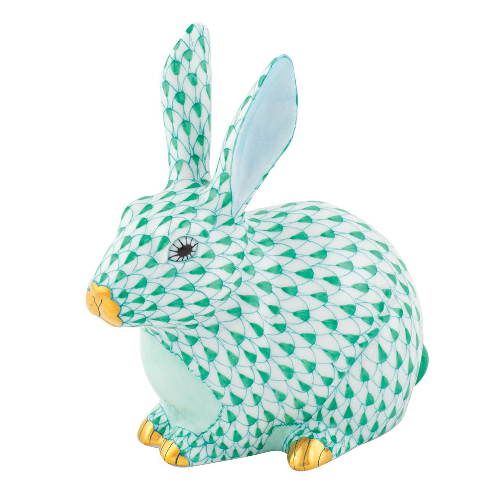 Hand-painted Herend Chubby Bunny Figurine in Green fishnet porcelain on a white background