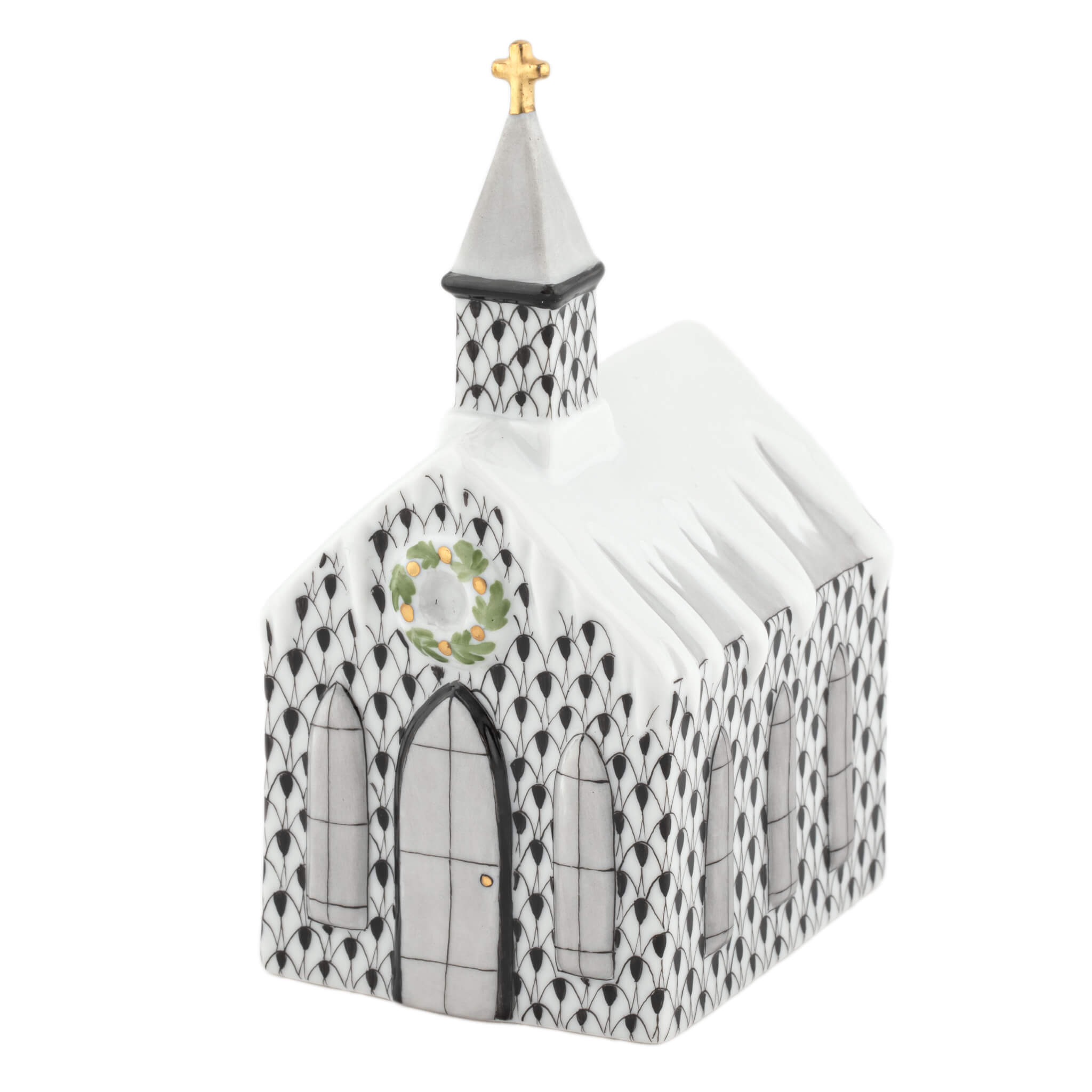 Herend Church figurine in Black with black fishnet pattern with gold accents on a white background