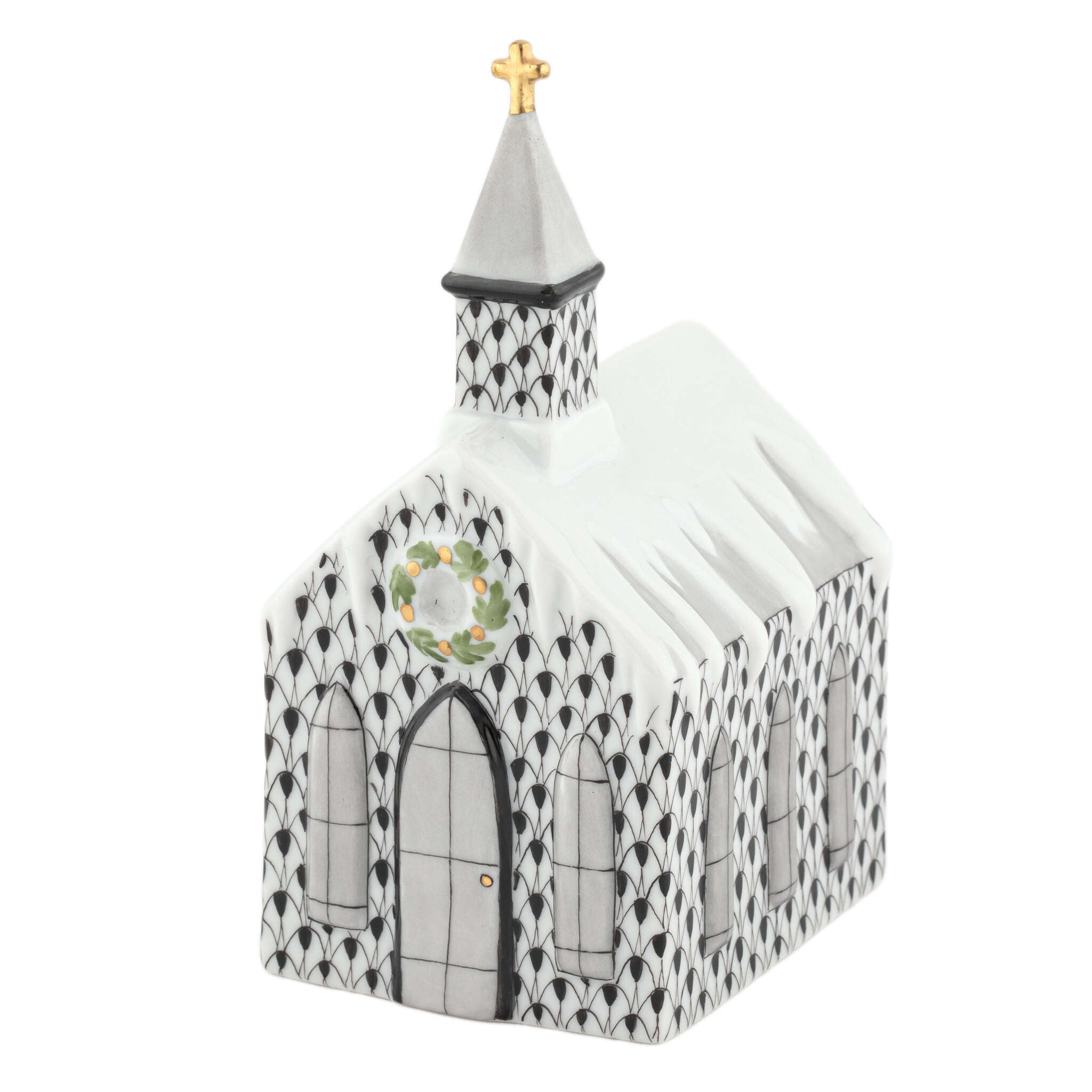 Hand-painted Herend Church Figurine in Black fishnet porcelain on a white background