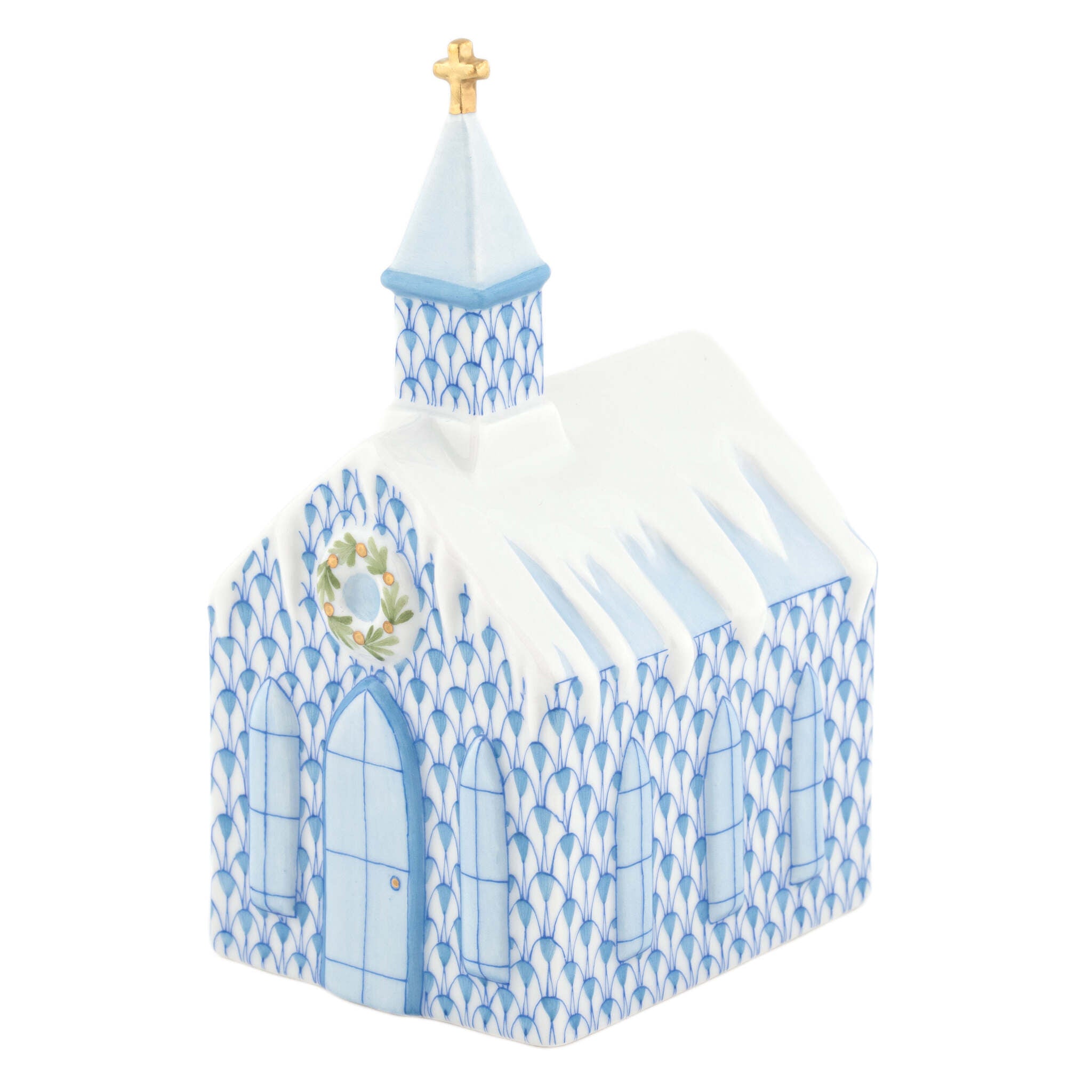 Hand-painted Herend Church Figurine in Blue fishnet porcelain on a white background