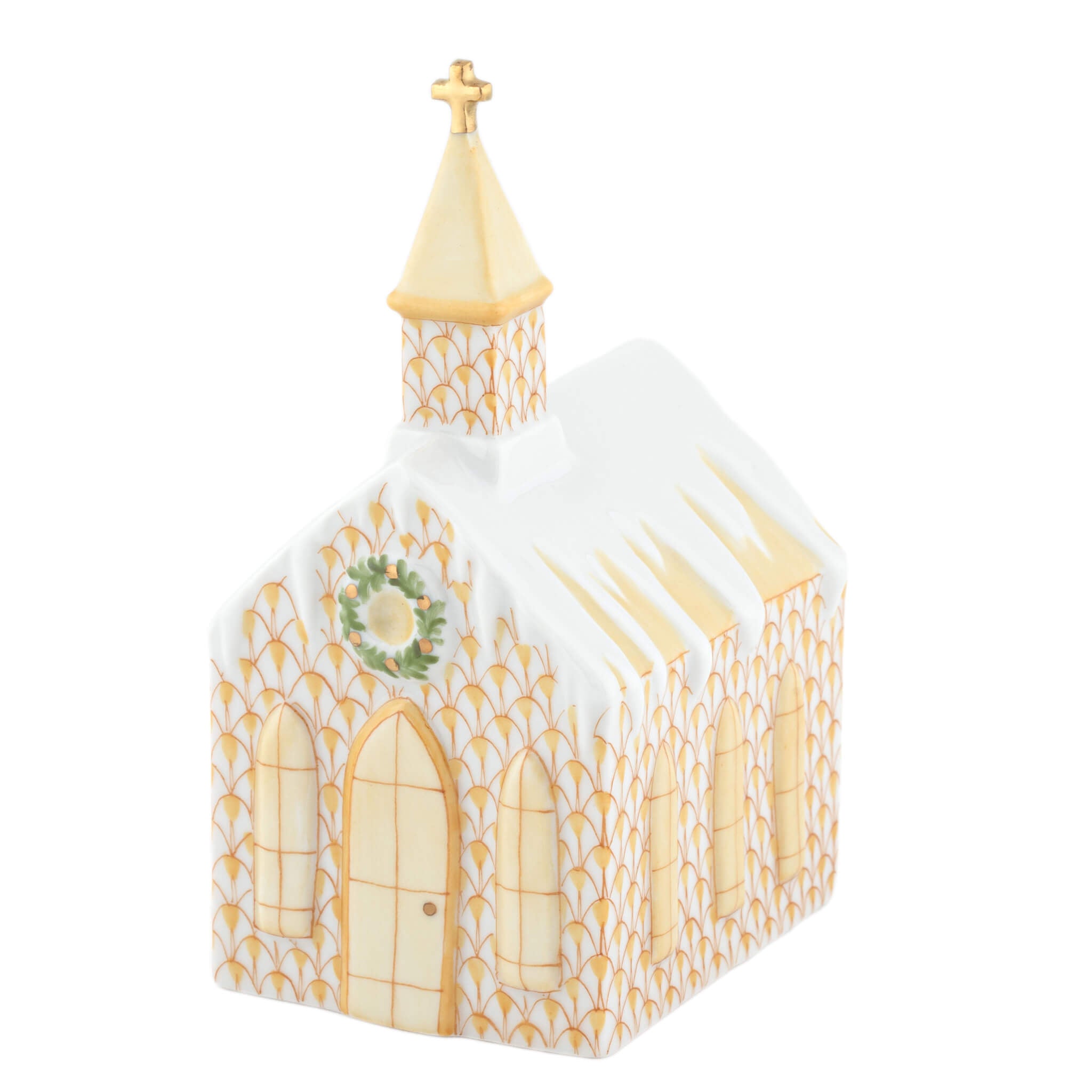 Herend Church figurine in Butterscotch with warm butterscotch yellow fishnet pattern with gold accents on a white background