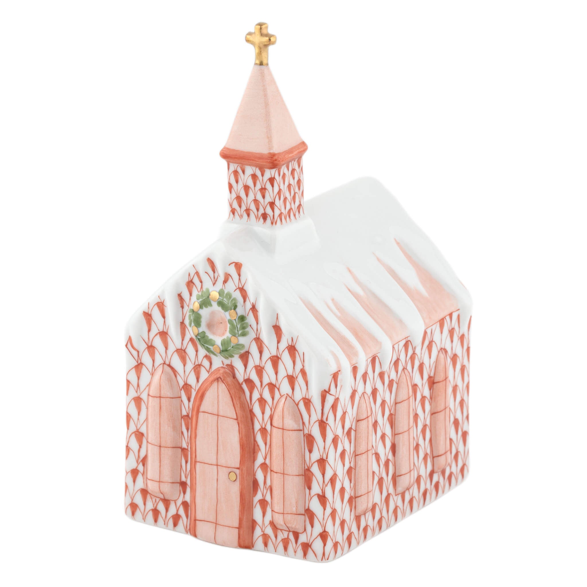 Herend Church figurine in Rust with red-orange fishnet pattern with gold accents on a white background