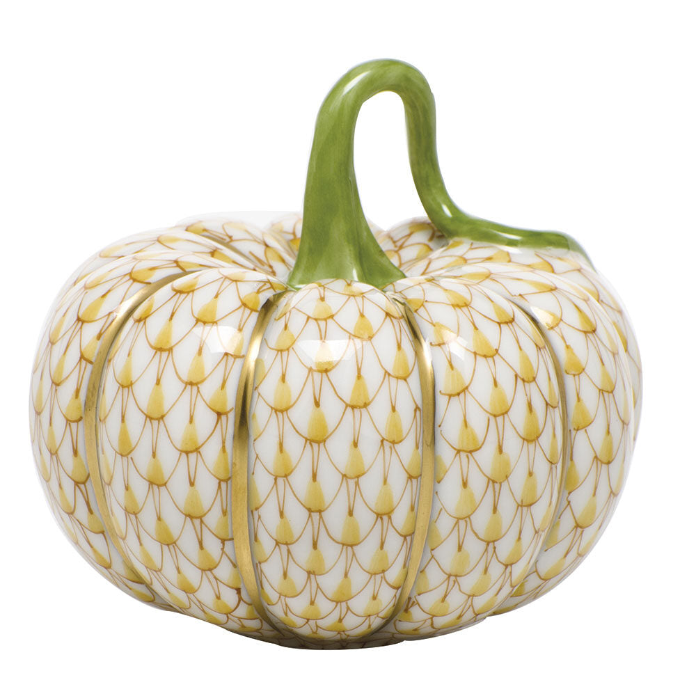 Hand-painted Herend Cinderella Pumpkin Figurine in Butterscotch fishnet porcelain on a white background