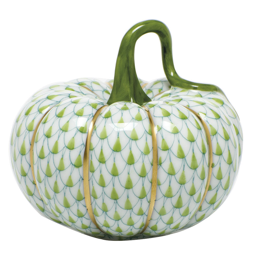 Hand-painted Herend Cinderella Pumpkin Figurine in Key Lime fishnet porcelain on a white background