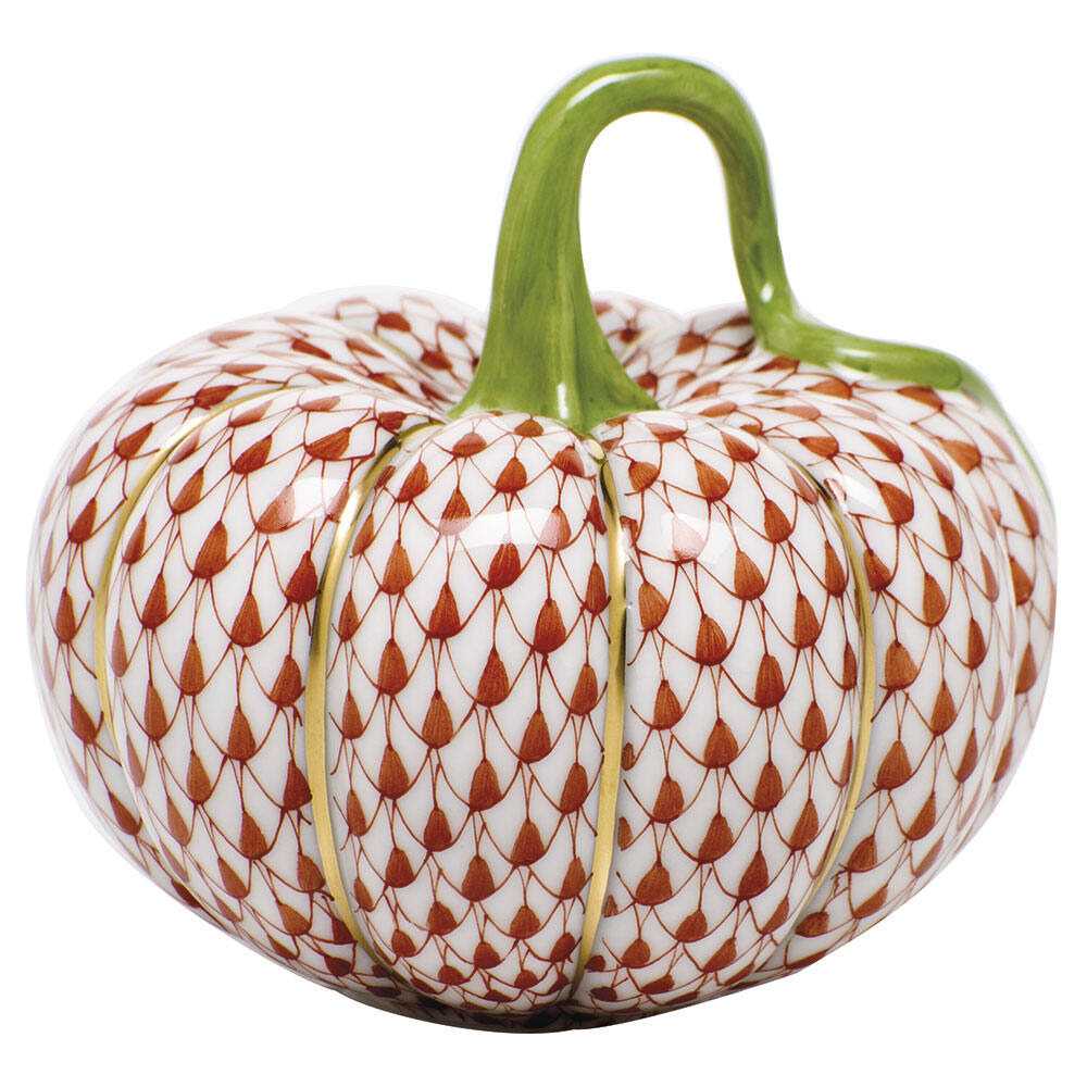 Hand-painted Herend Cinderella Pumpkin Figurine in Rust fishnet porcelain on a white background