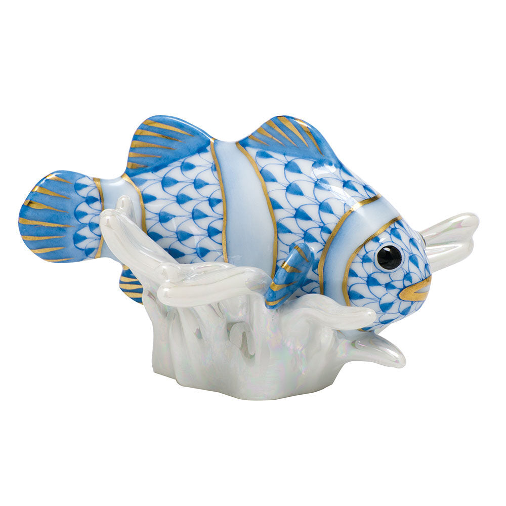 Blue fishnet Clownfish Figurine figurine, hand-painted Herend porcelain with 24k gold accents