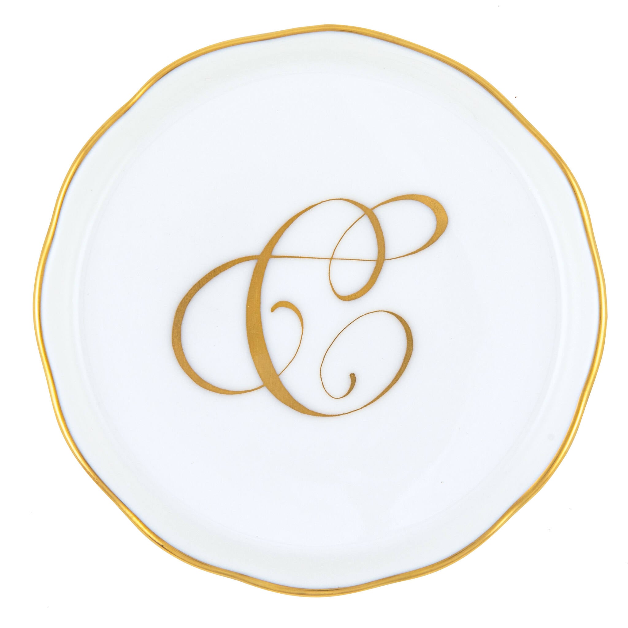 Hand-painted Herend Coaster with Monogram in fine porcelain, 4in D, on a white background, Monogram C