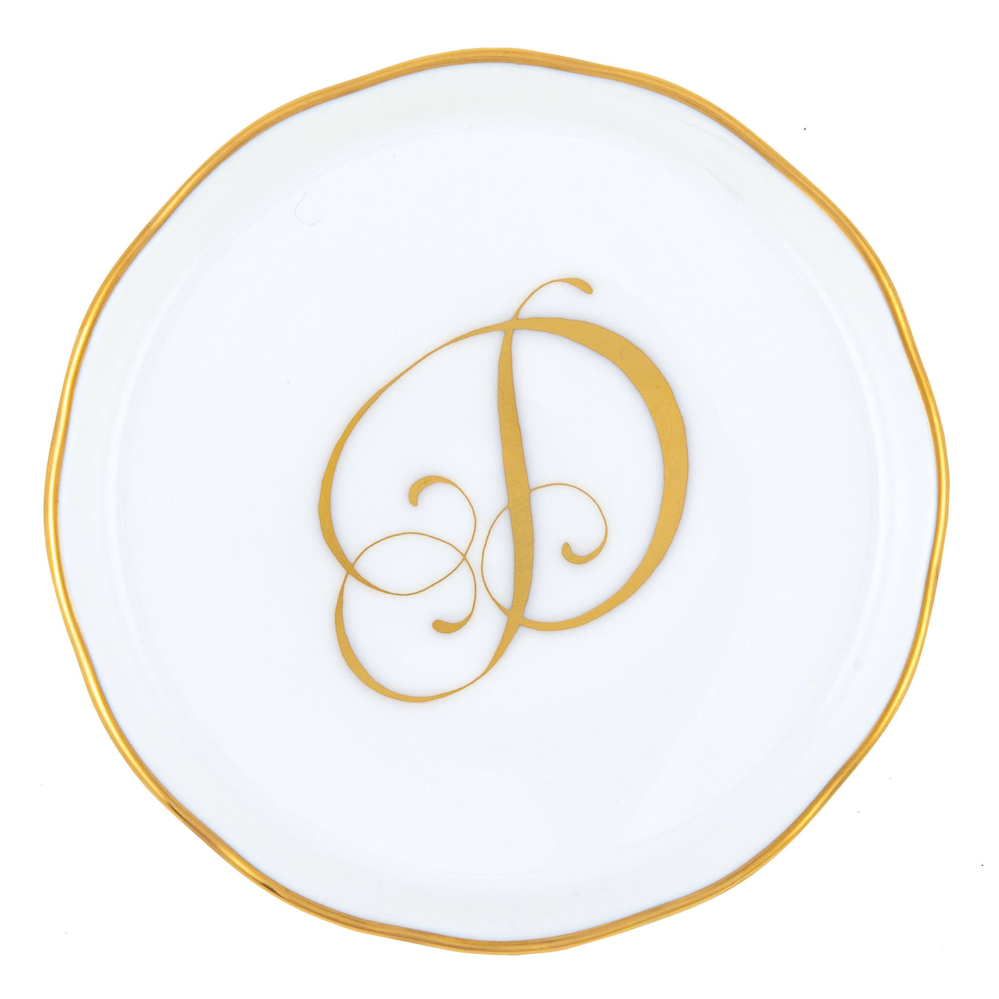 Hand-painted Herend Coaster with Monogram in fine porcelain, 4in D, on a white background, Monogram D
