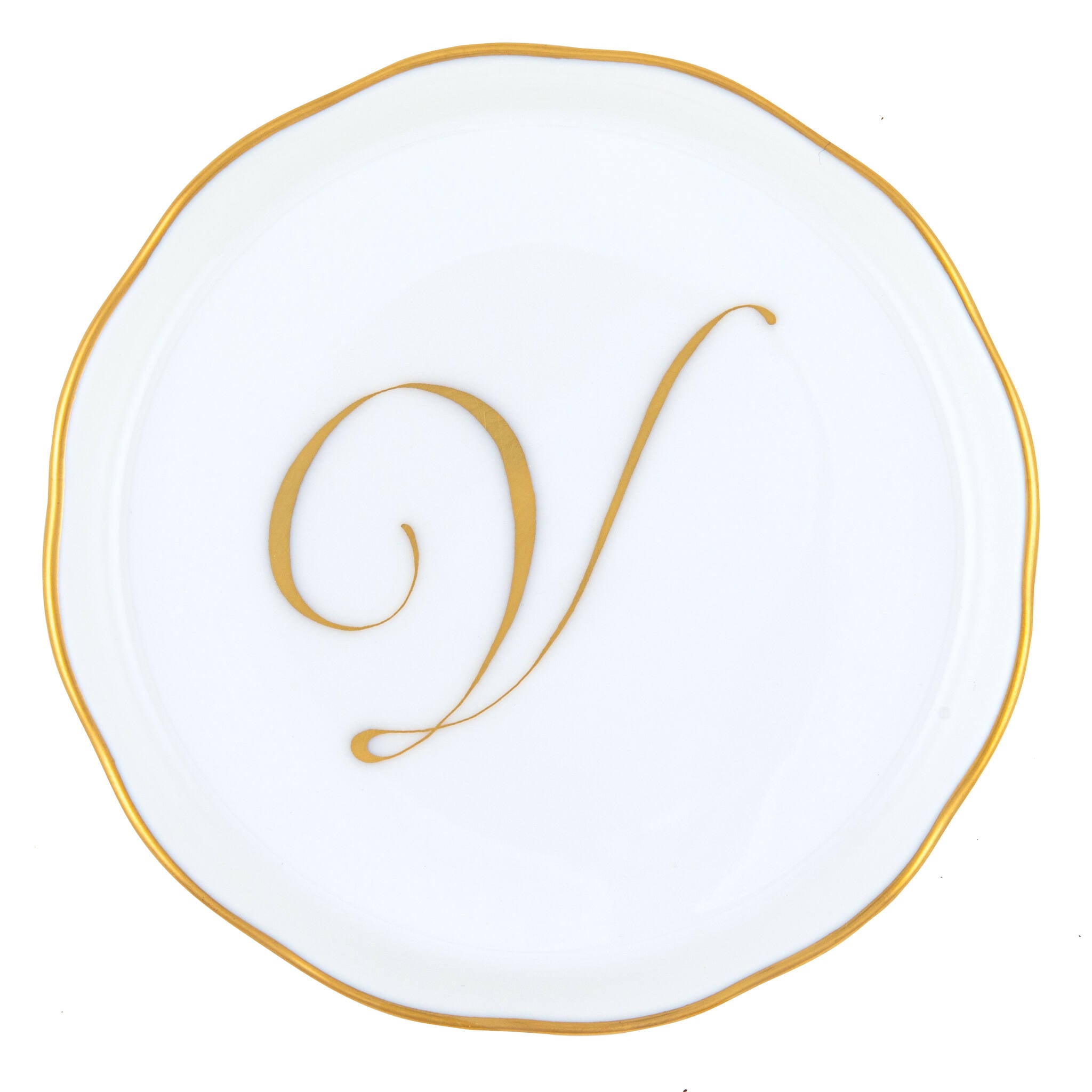Hand-painted Herend Coaster with Monogram in fine porcelain, 4in D, on a white background, Monogram V