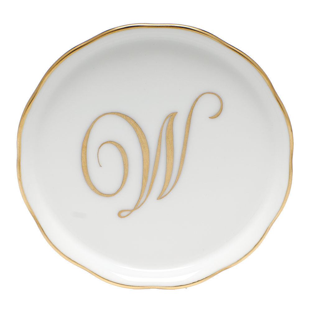 Hand-painted Herend Coaster with Monogram in fine porcelain, 4in D, on a white background, Monogram W