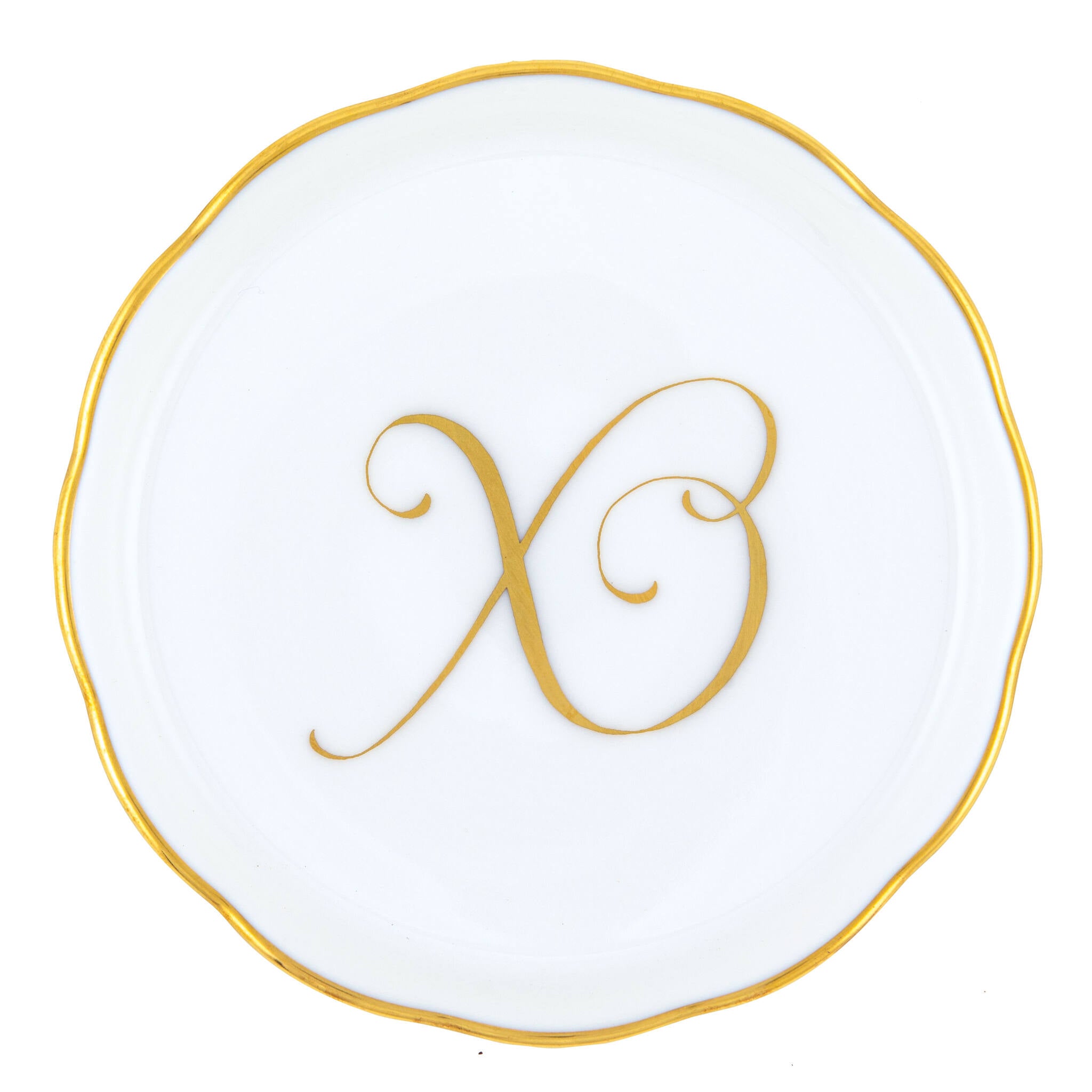 Hand-painted Herend Coaster with Monogram in fine porcelain, 4in D, on a white background, Monogram X