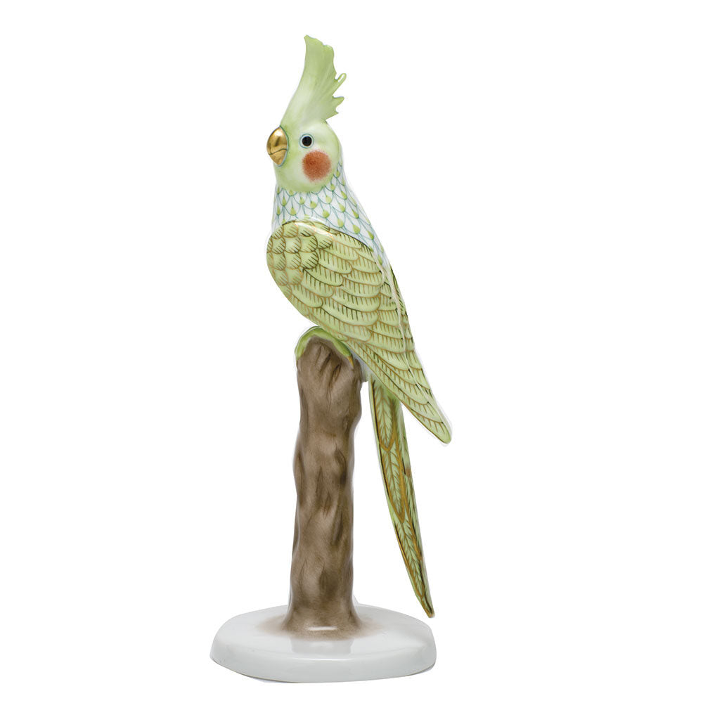 Key Lime fishnet Cockatiel Figurine figurine, hand-painted Herend porcelain with 24k gold accents