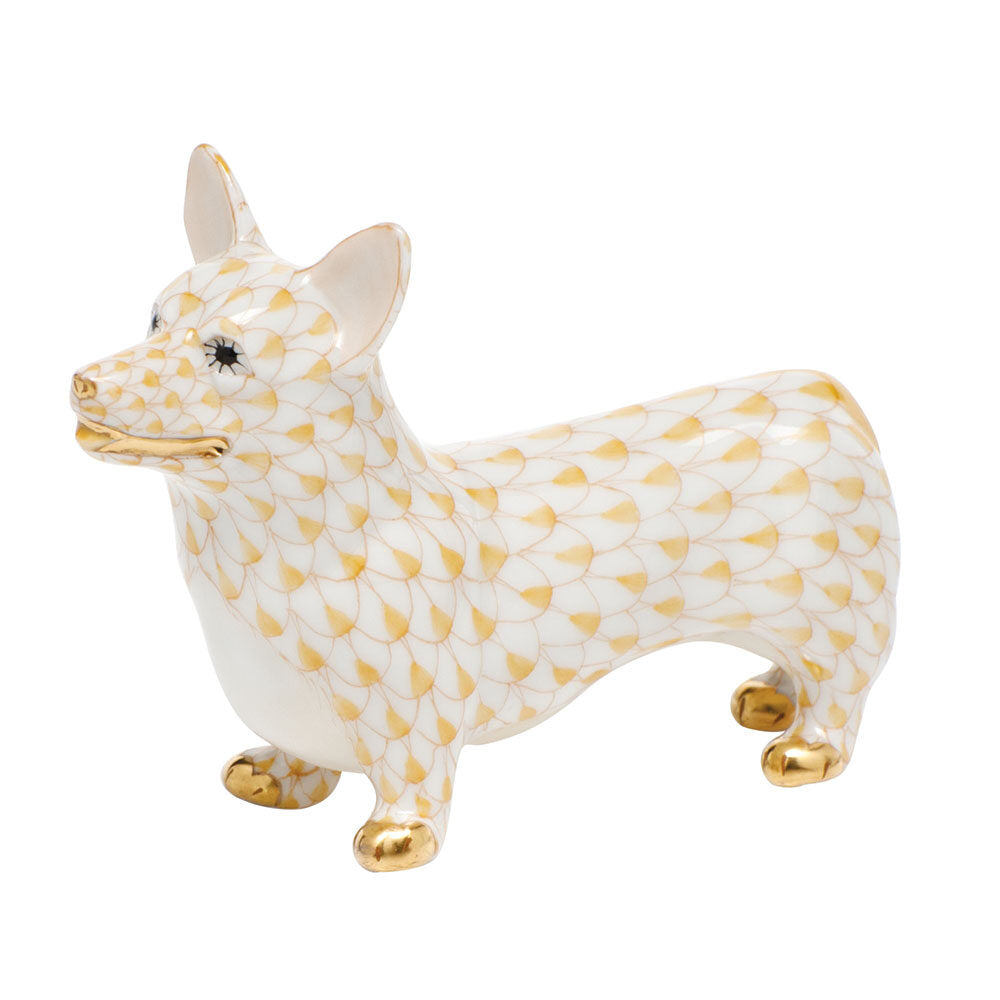 Herend Corgi Figurine porcelain figurine painted in the Butterscotch fishnet pattern