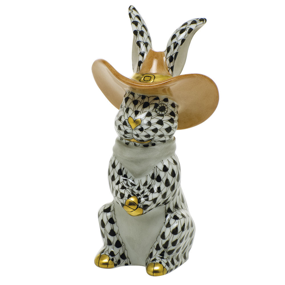 Black fishnet Cowboy Bunny Figurine figurine, hand-painted Herend porcelain with 24k gold accents