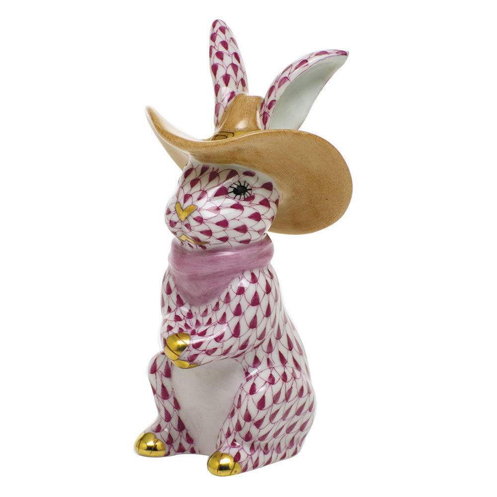 Herend Cowboy Bunny Figurine porcelain figurine painted in the Raspberry fishnet pattern