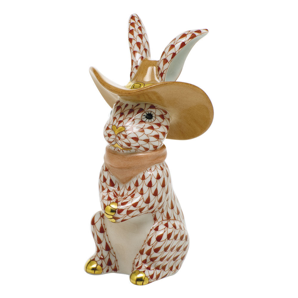 Herend Cowboy Bunny Figurine porcelain figurine painted in the Rust fishnet pattern