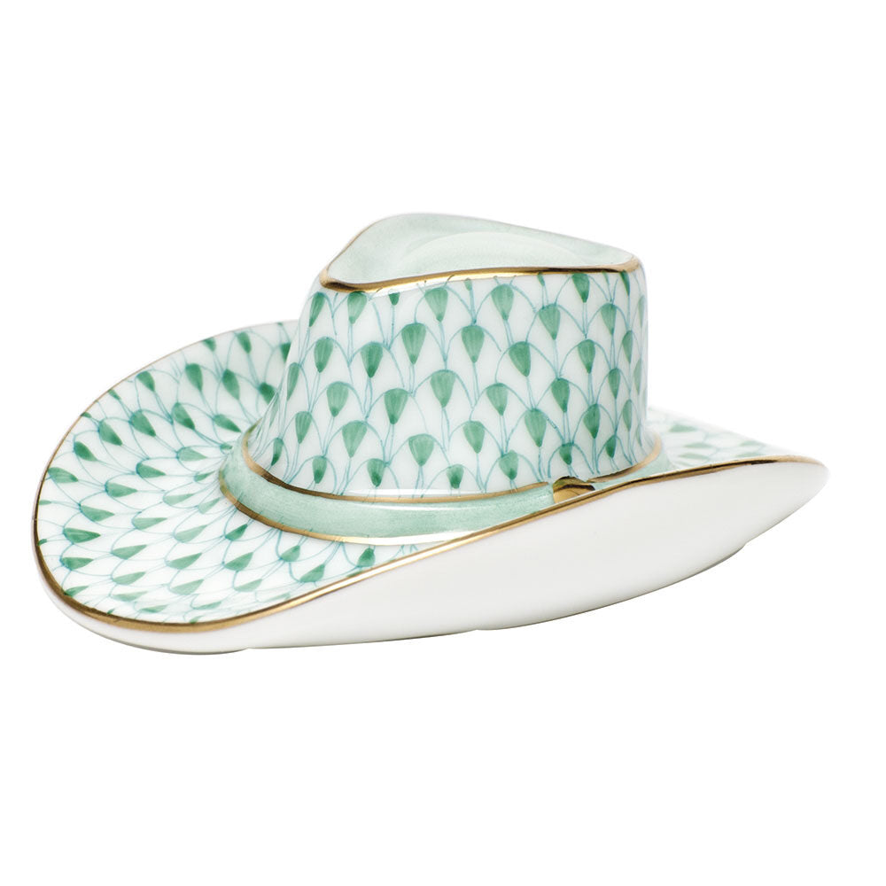 Hand-painted Herend Cowboy Hat Figurine in Green fishnet porcelain on a white background