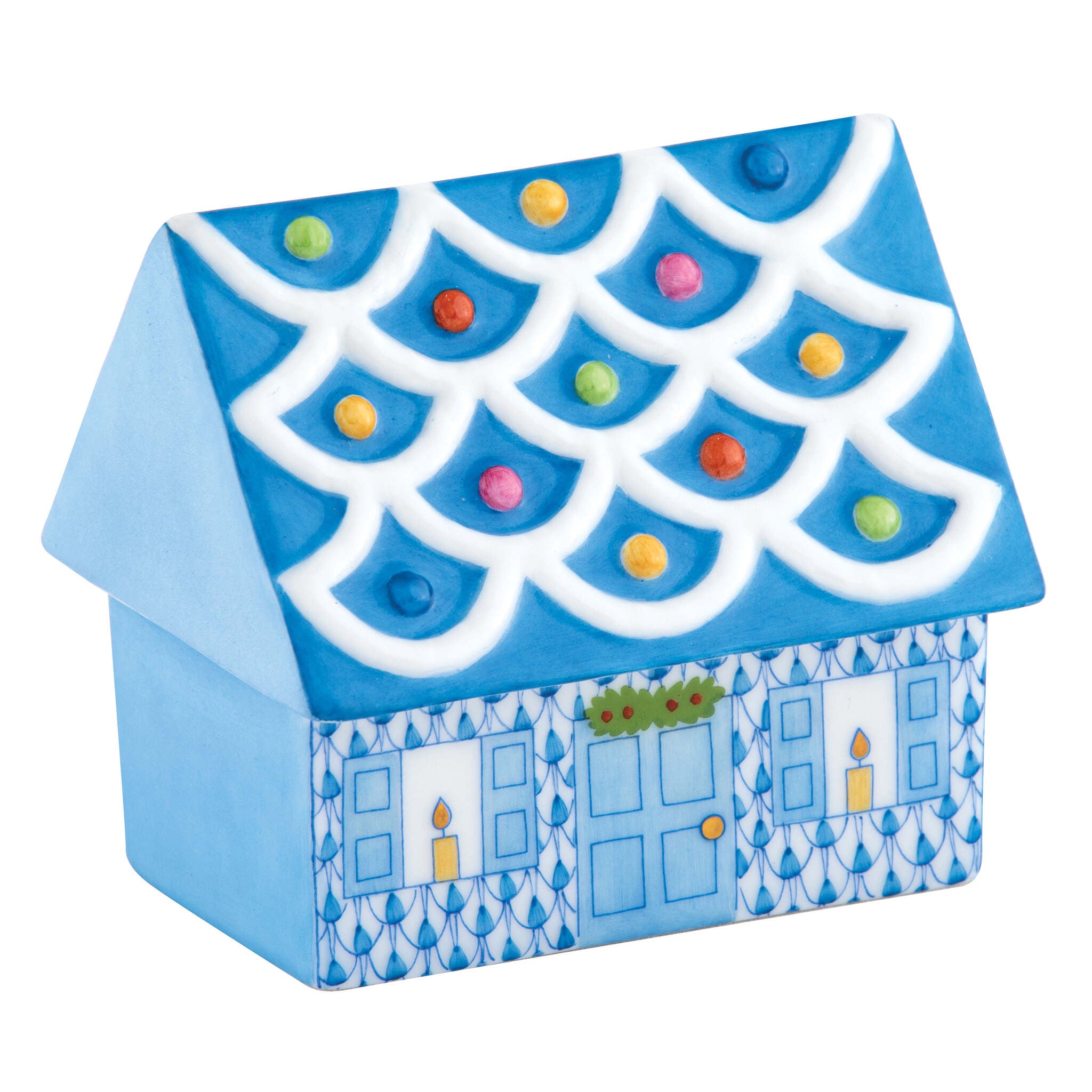 Cozy Gingerbread House Figurine in hand-painted Blue porcelain by Herend of Hungary