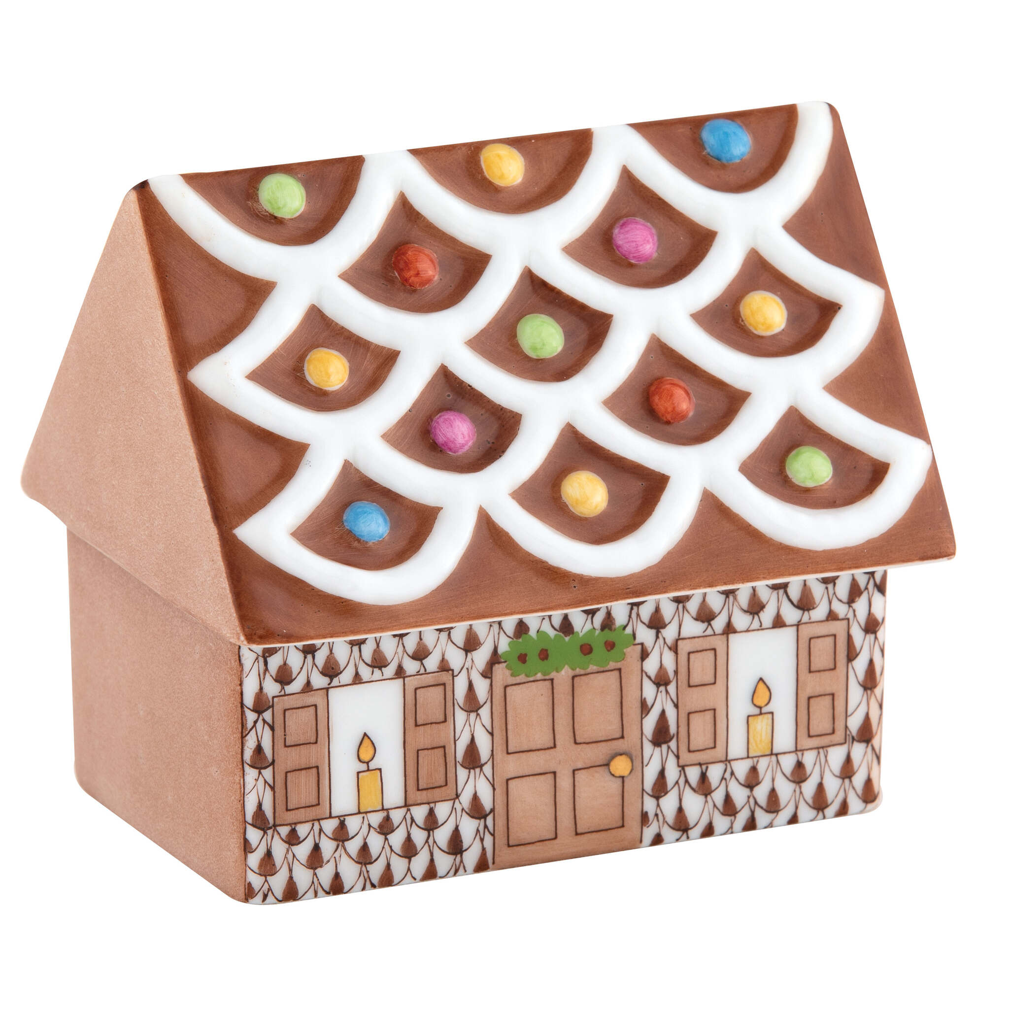 Chocolate fishnet Cozy Gingerbread House Figurine figurine, hand-painted Herend porcelain with 24k gold accents