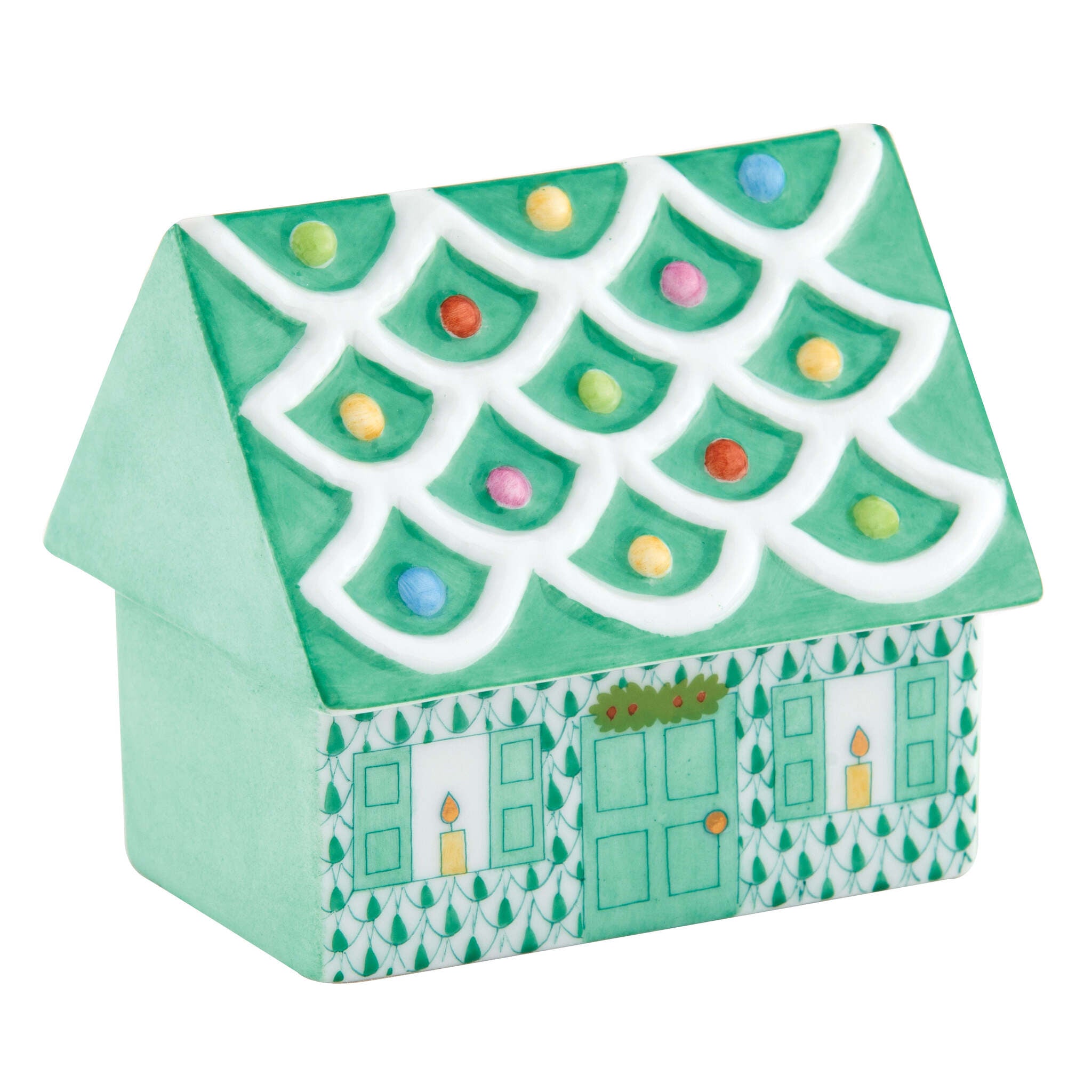 Cozy Gingerbread House Figurine in hand-painted Green porcelain by Herend of Hungary