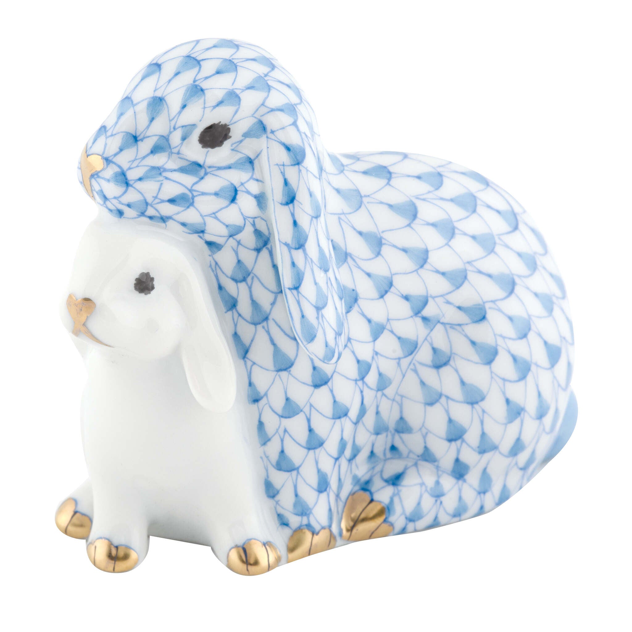 Hand-painted Herend Cuddling Bunnies Figurine in Blue fishnet porcelain on a white background