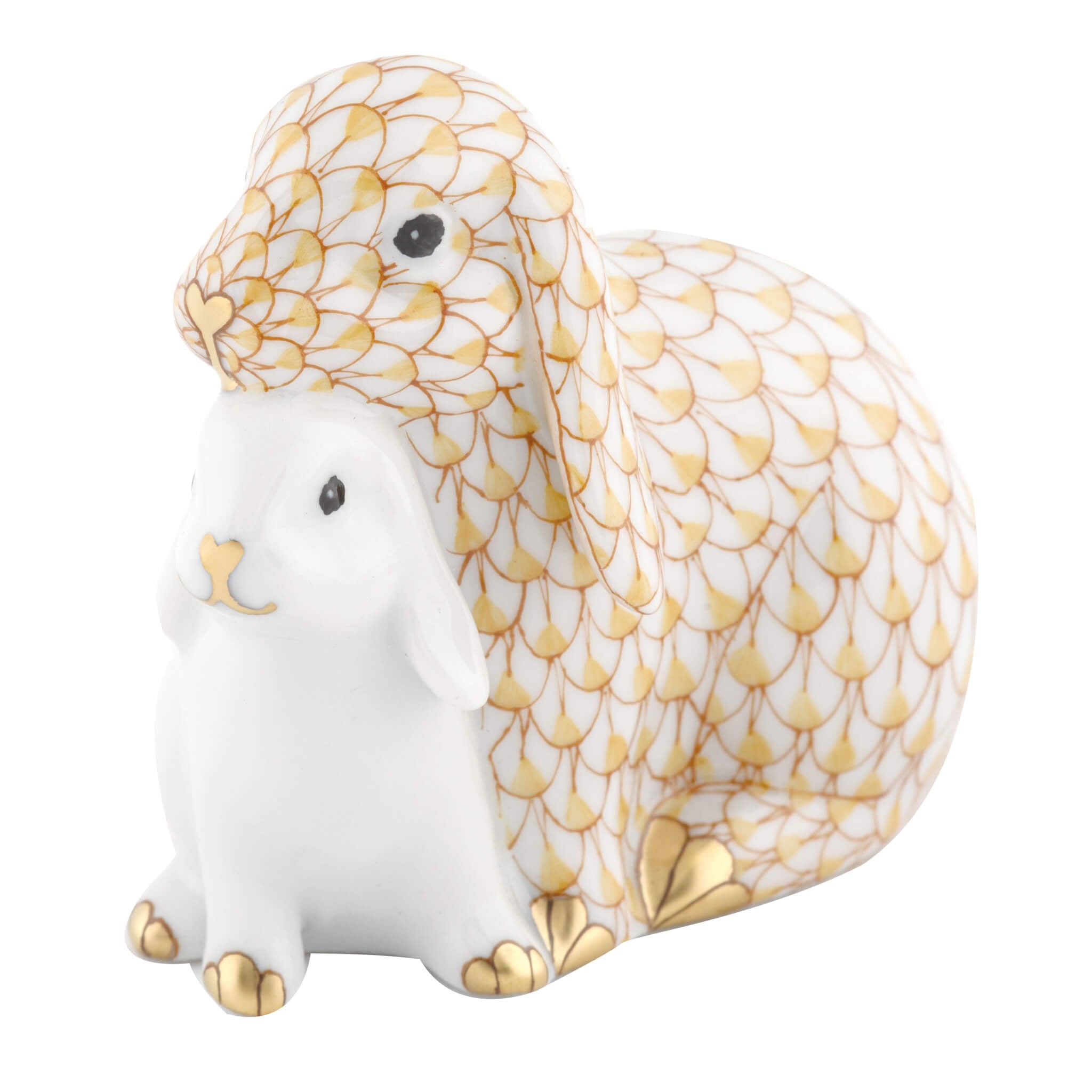 Herend Cuddling Bunnies figurine in Butterscotch with warm butterscotch yellow fishnet pattern with gold accents on a white background