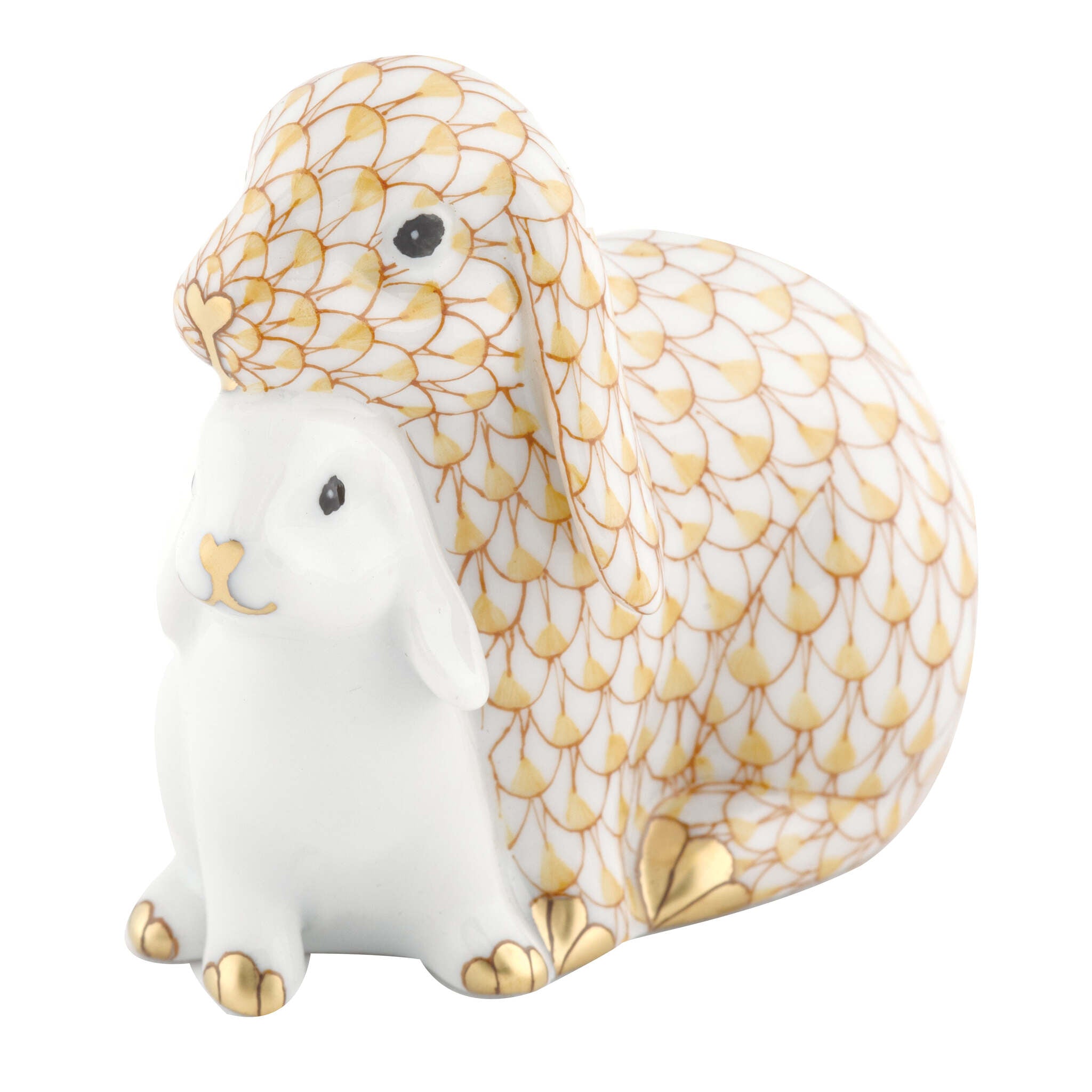 Cuddling Bunnies Figurine in hand-painted Butterscotch porcelain by Herend of Hungary