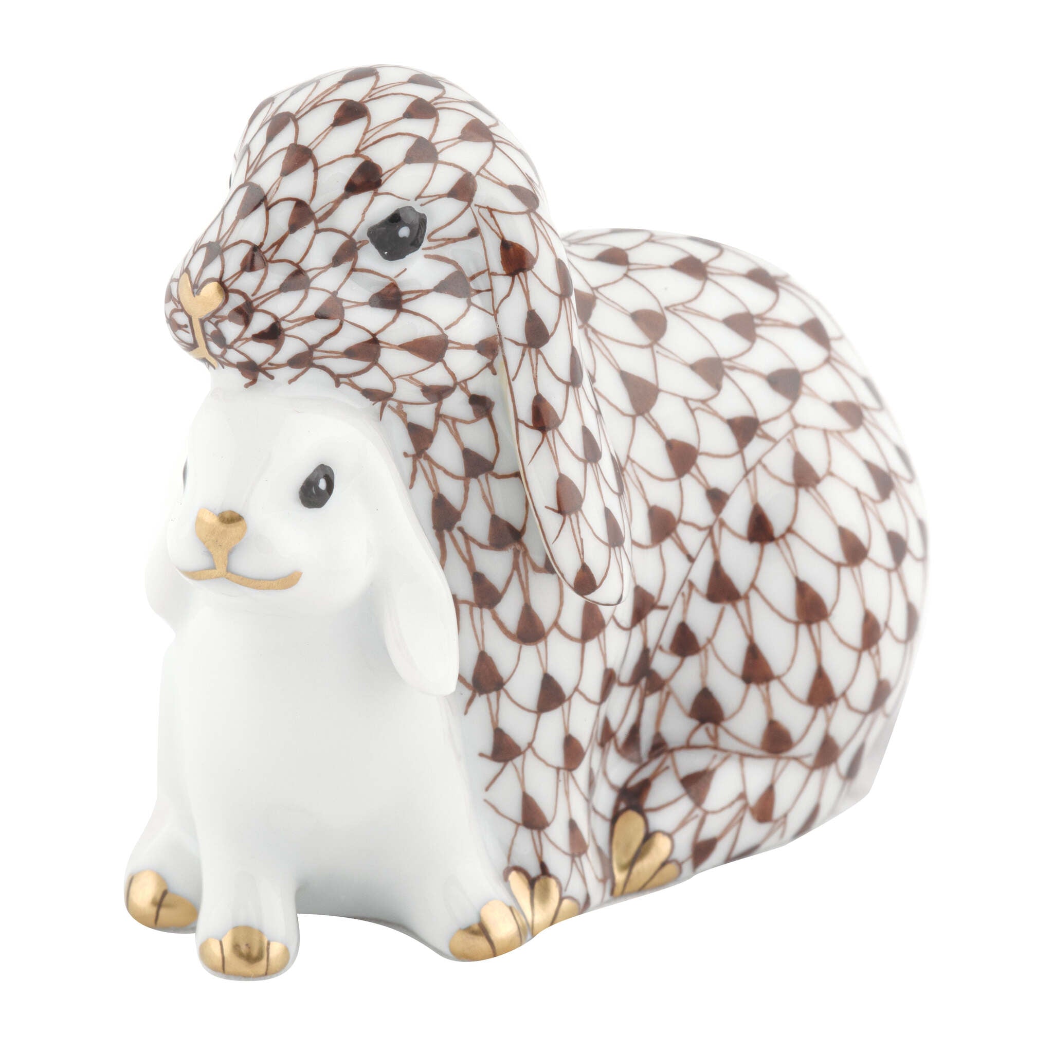 Cuddling Bunnies Figurine in hand-painted Chocolate porcelain by Herend of Hungary