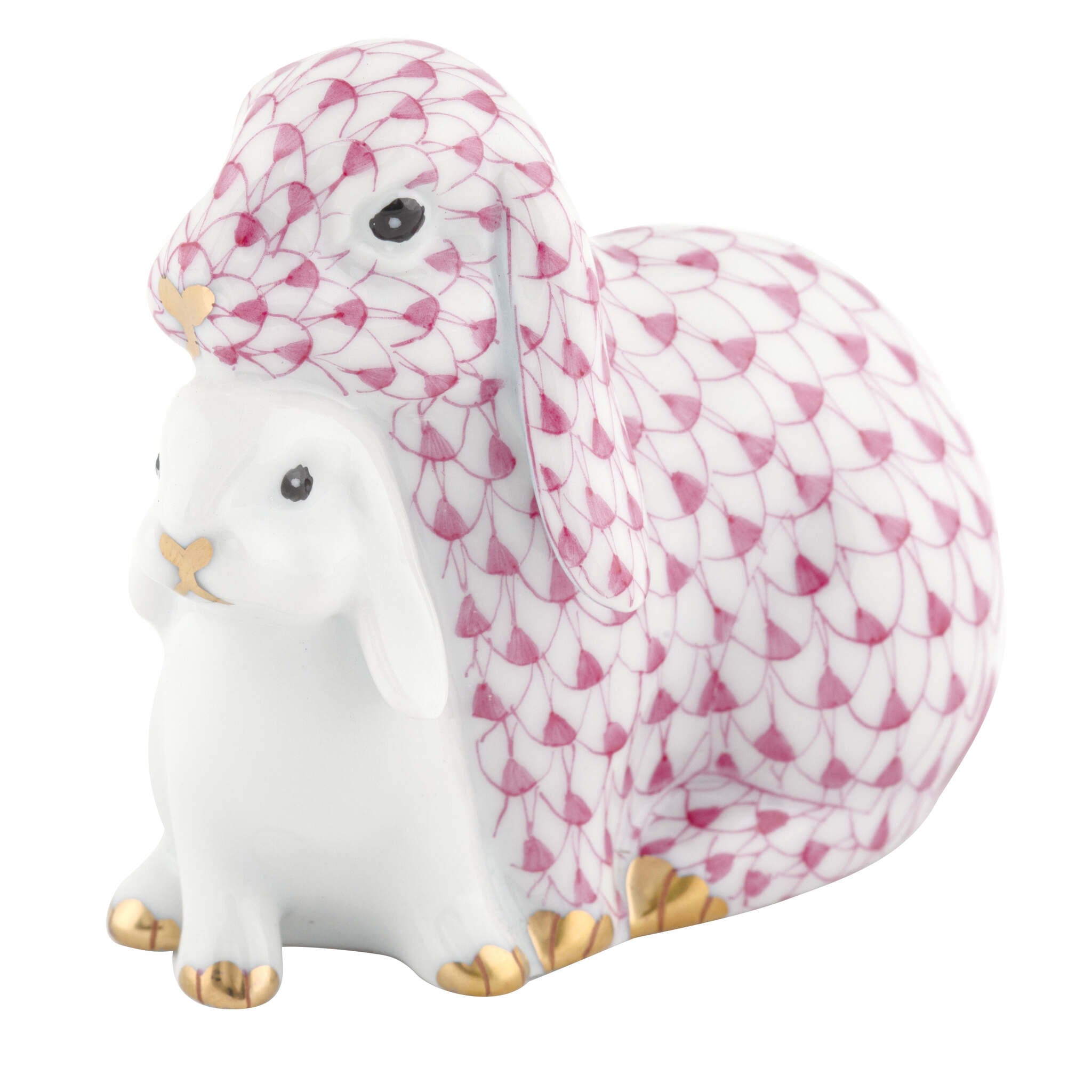 Herend Cuddling Bunnies Figurine porcelain figurine painted in the Raspberry fishnet pattern
