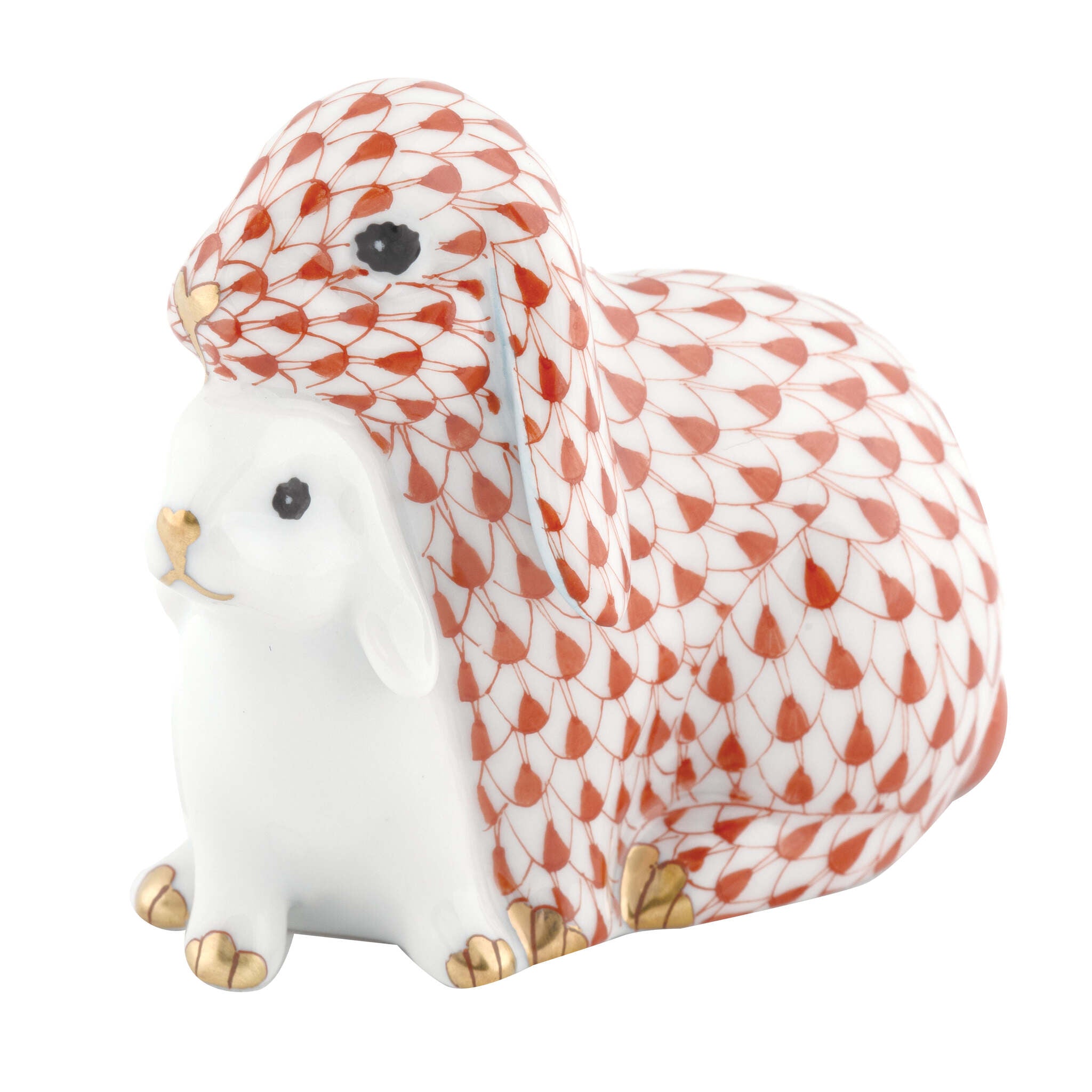 Herend Cuddling Bunnies Figurine porcelain figurine painted in the Rust fishnet pattern