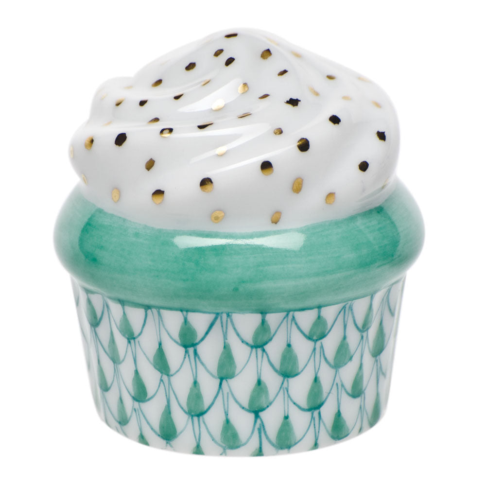 Hand-painted Herend Cupcake Figurine in Green fishnet porcelain on a white background