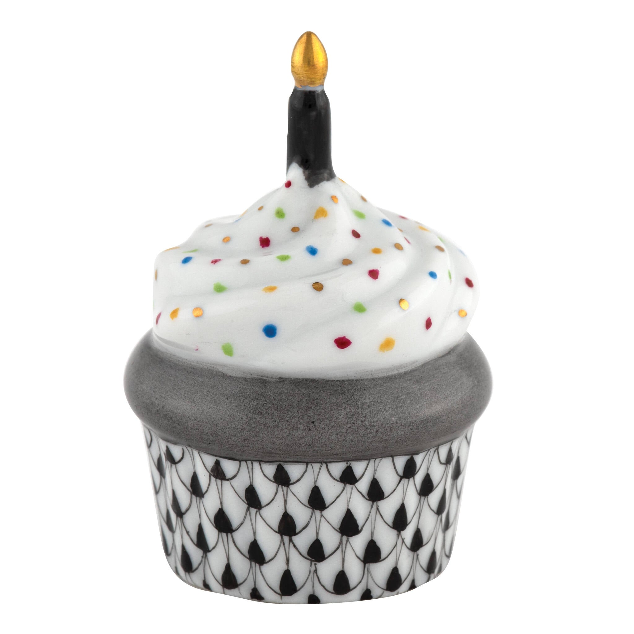 Black fishnet Cupcake with Candle Figurine figurine, hand-painted Herend porcelain with 24k gold accents
