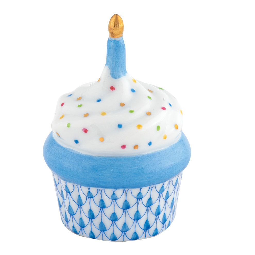 Herend Cupcake with Candle Figurine porcelain figurine painted in the Blue fishnet pattern