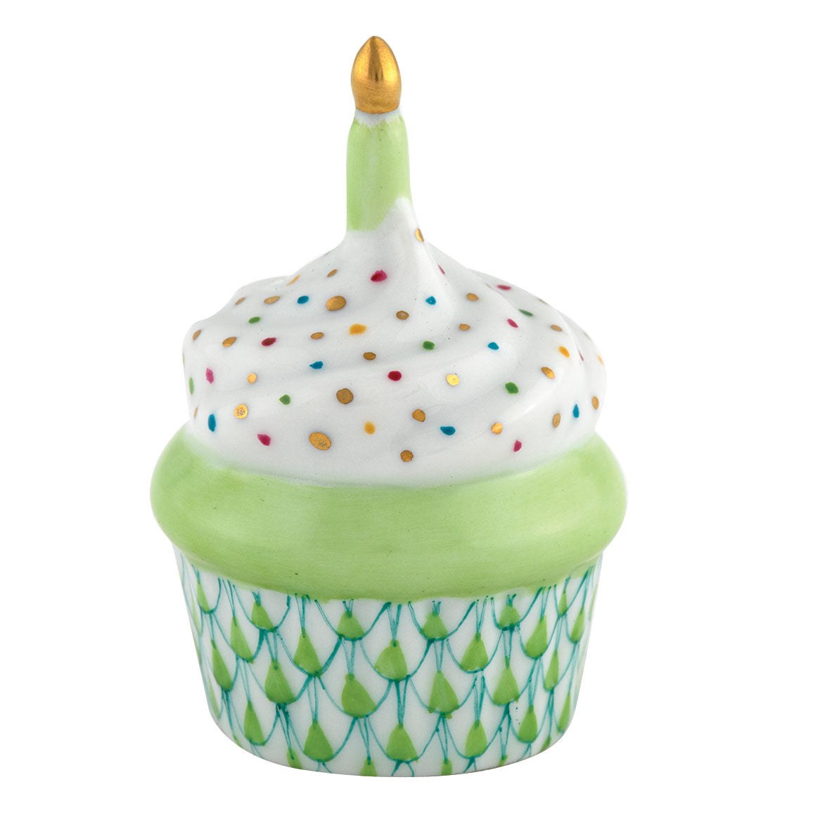 Hand-painted Herend Cupcake with Candle Figurine in Key Lime fishnet porcelain on a white background