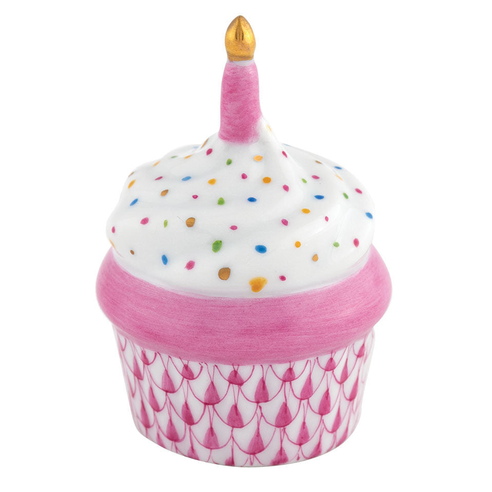 Herend Cupcake with Candle Figurine porcelain figurine painted in the Raspberry fishnet pattern