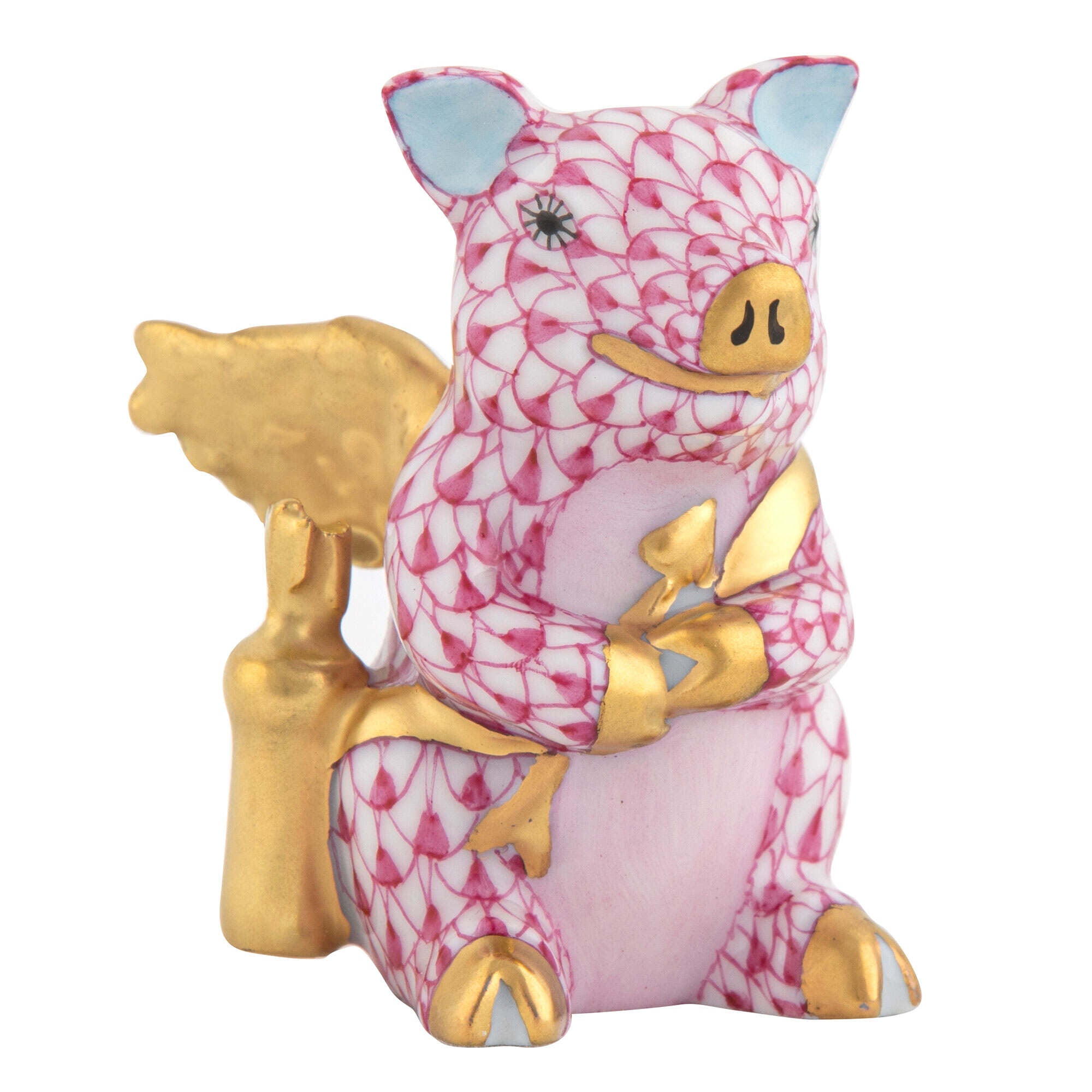 Hand-painted Herend Cupid Piggy Figurine in fine porcelain, 1.75in L X 1.25in W X 2in H, on a white background